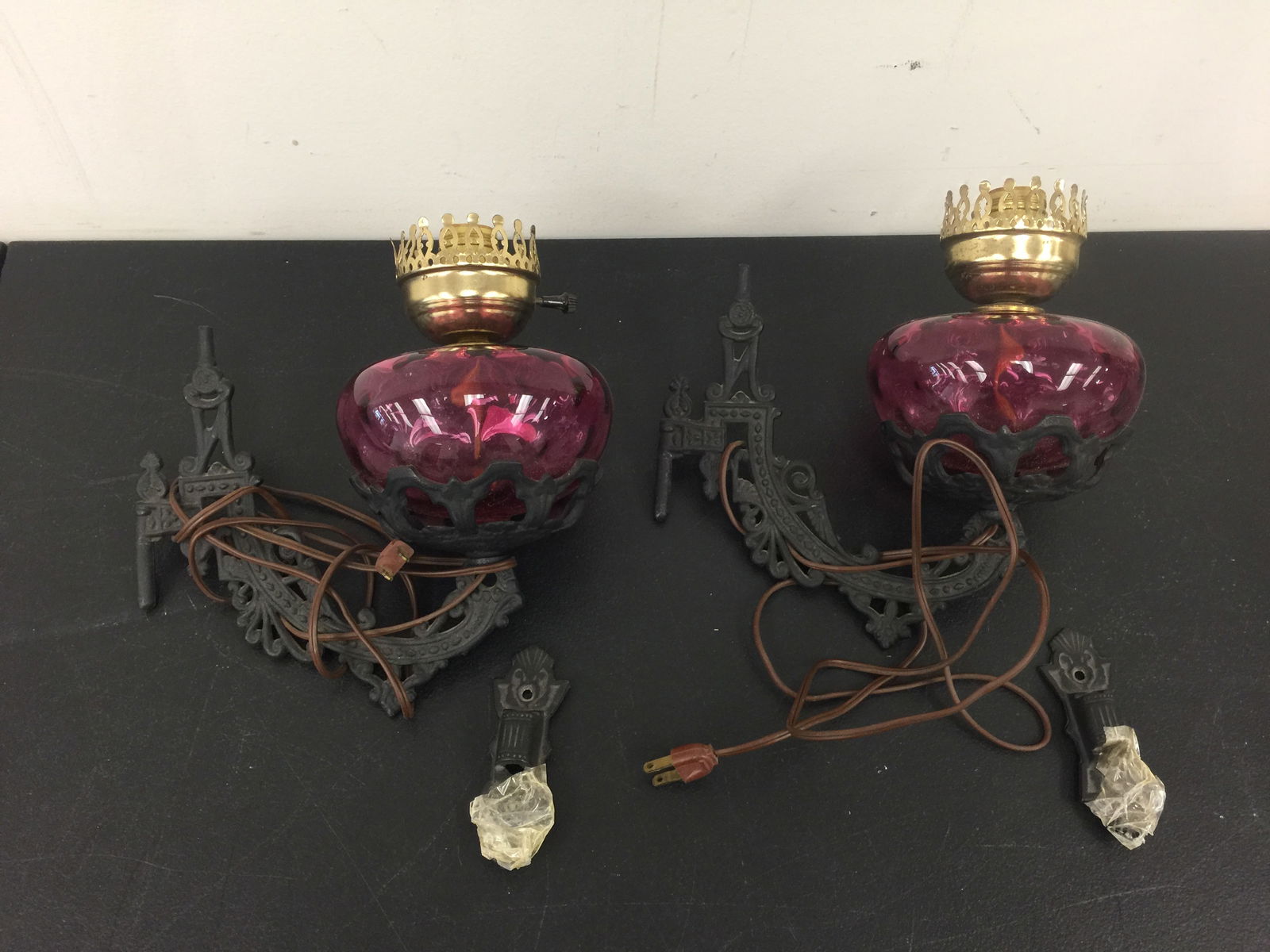 Pair of Opalescent Bracket Lamps: 11" deep. Complete.