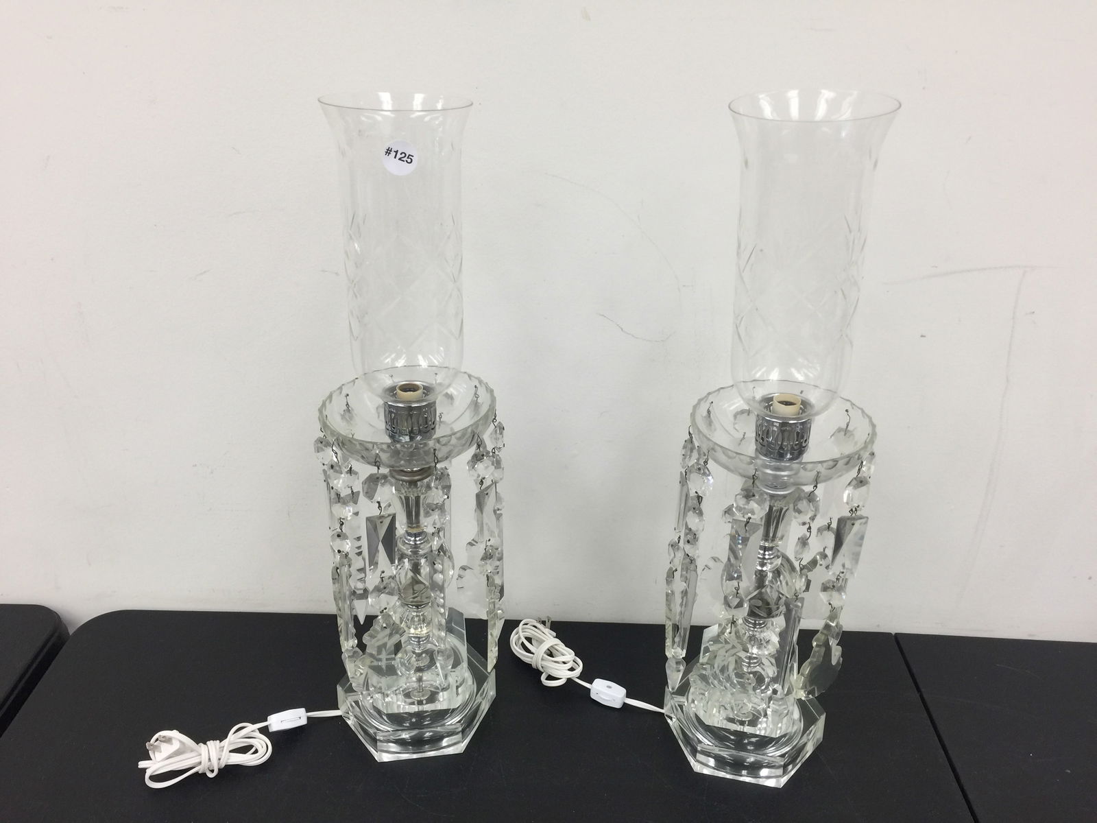 Pair of Glass Prism Hurricane Lamps (1 of 3)