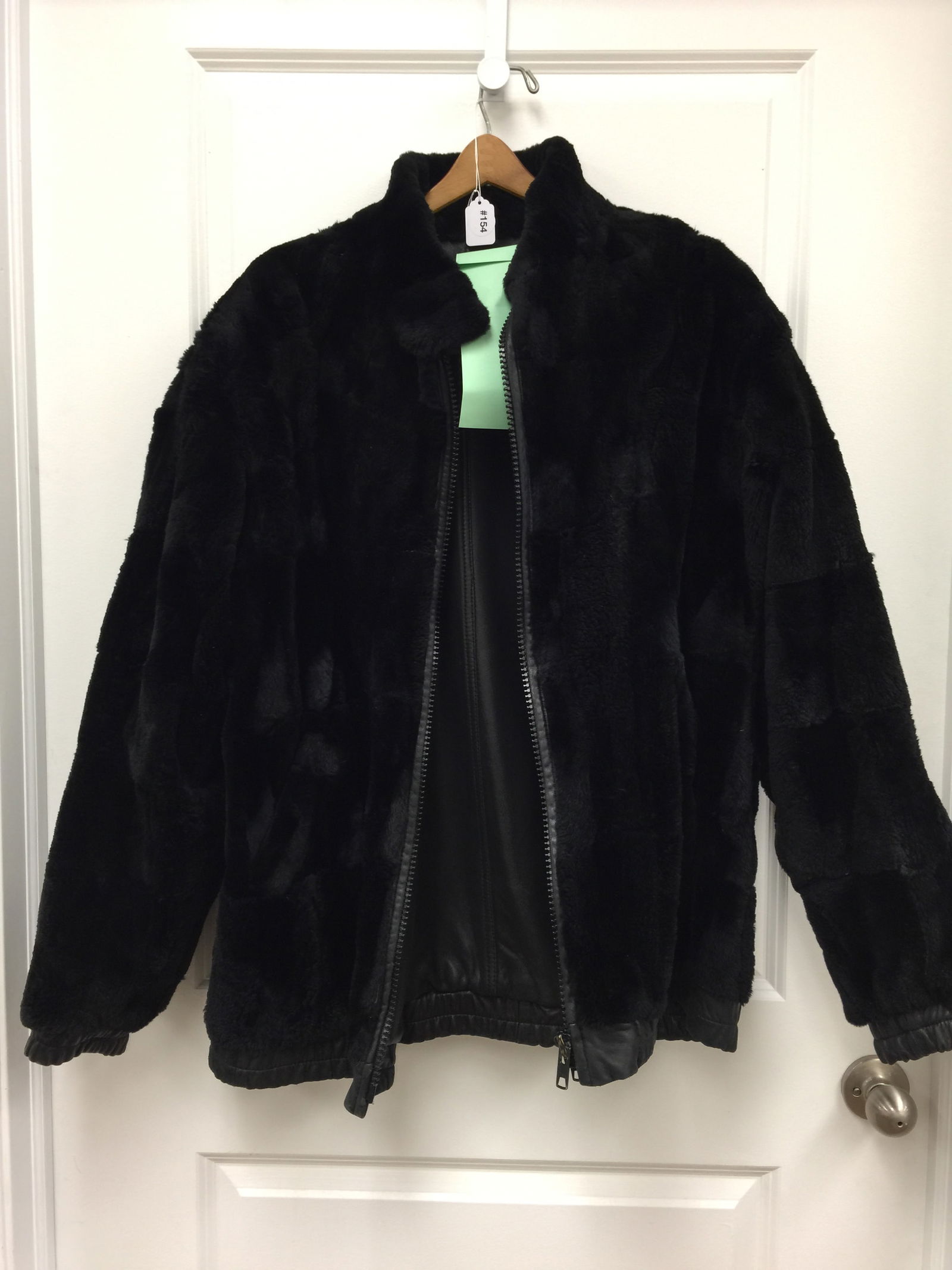 Mens Black Mink Fur Bomber Jacket: Reversible with leather on other side, no tag. Approx. 34" L.