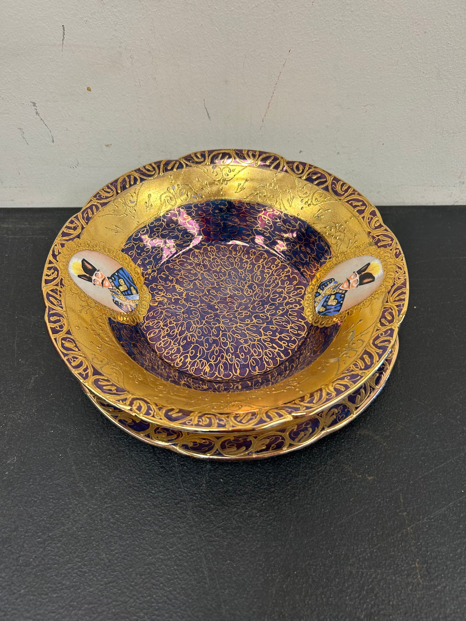 Cobalt & Gilt Porcelain Bowl and Plate: plate is 10" round and matching bowl is 9 1/2" round, both heavily decorated