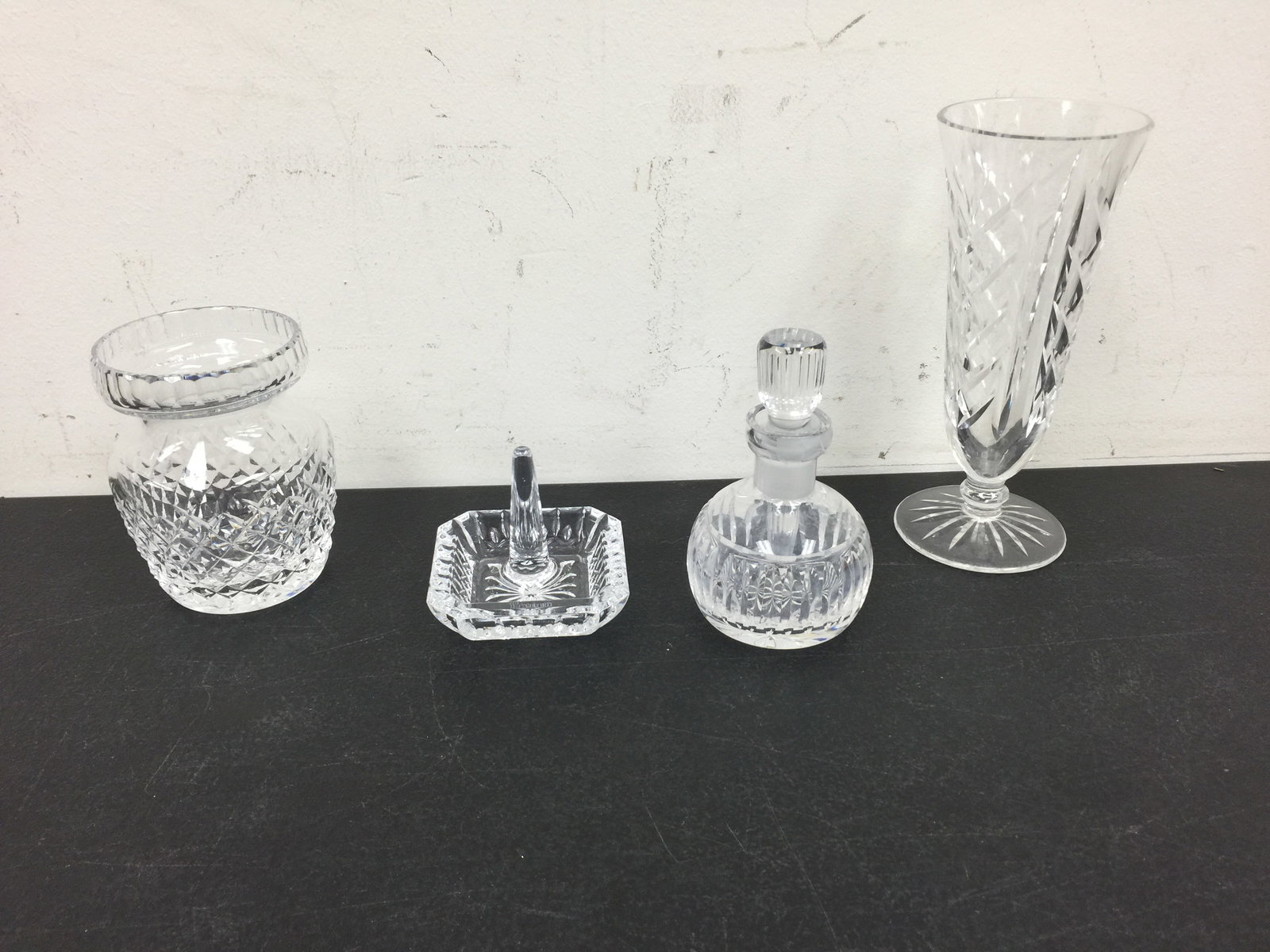 Waterford Lot: includes ring holder, dresser jar with stopper, 2 vases taller is 7", all signed on bottom