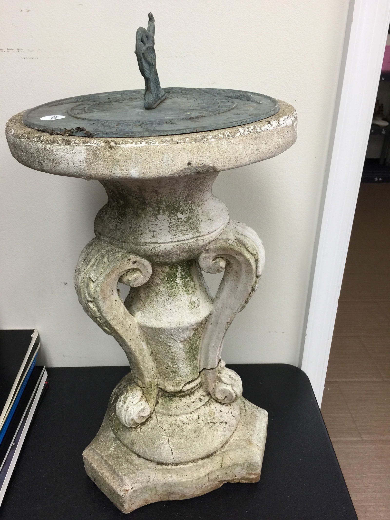 Concrete Sundial: 2 pieces. 25" x 13". Metal dial signed Fiora & Fauna.