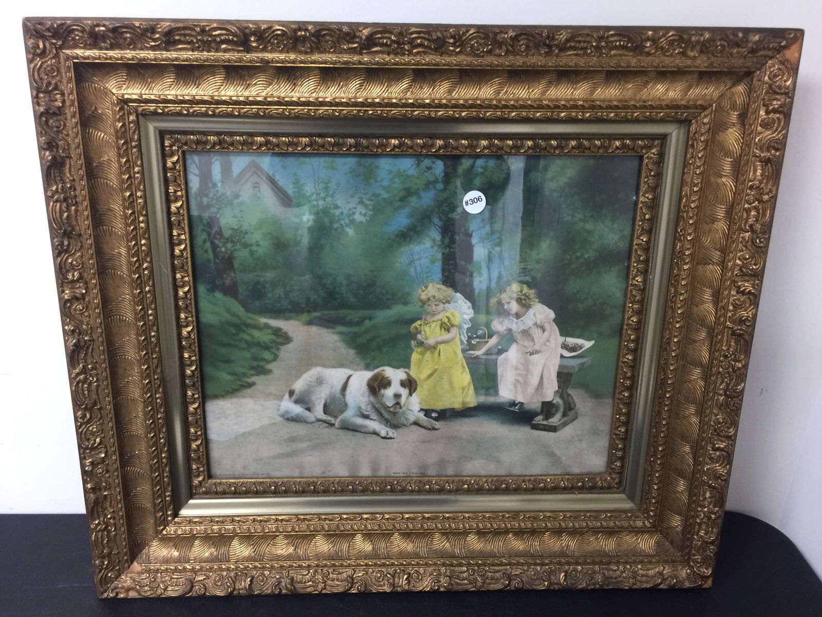 Antique Print Titled "Making Friends": In fancy 29" x 25" gilt frame.