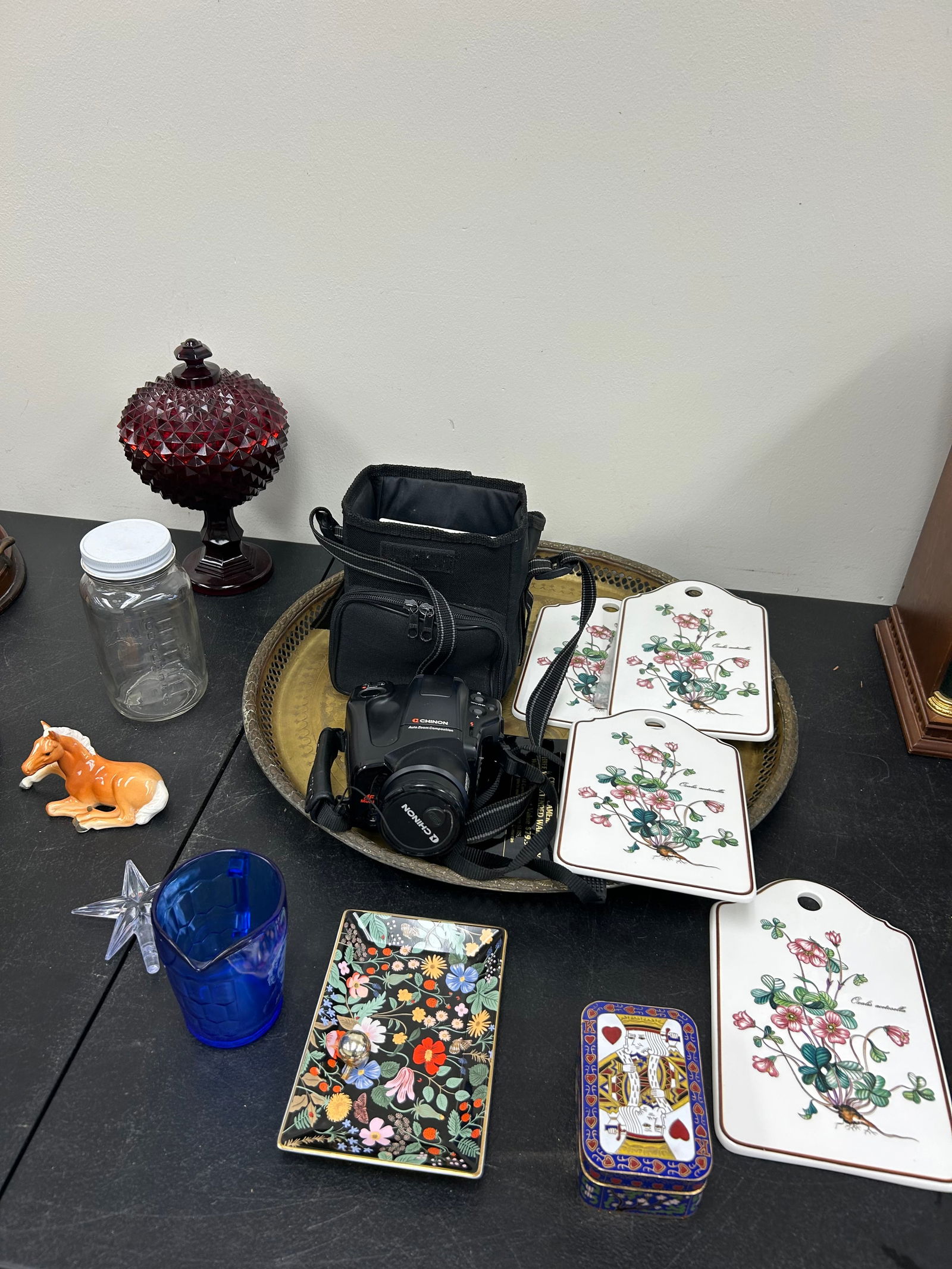Mixed Lot: includes Cloisonné card holder, heavy Asian Brass tray 20" round, glassware, Villeroy & Bach porcelain tiles and more