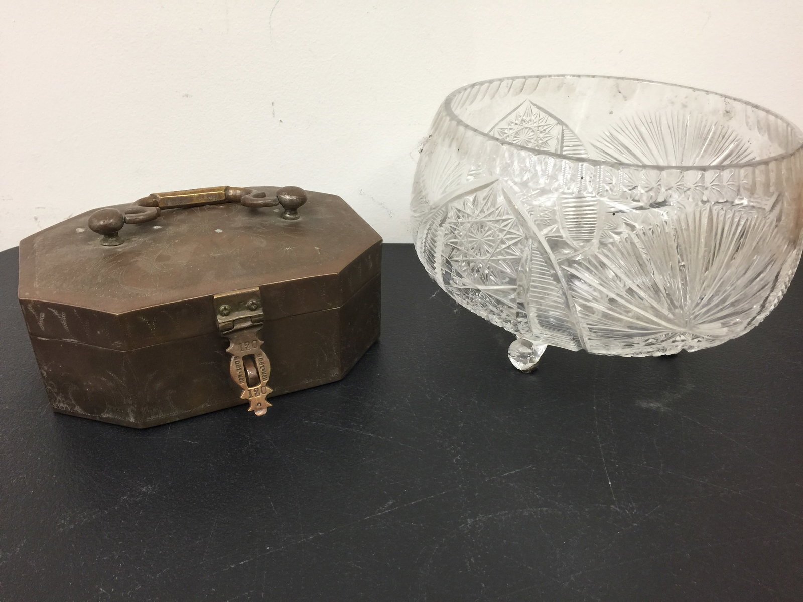 Antique Brass Box and Crsytal Bowl: box has punch decoration, numbers on lock hatch, 7"W.