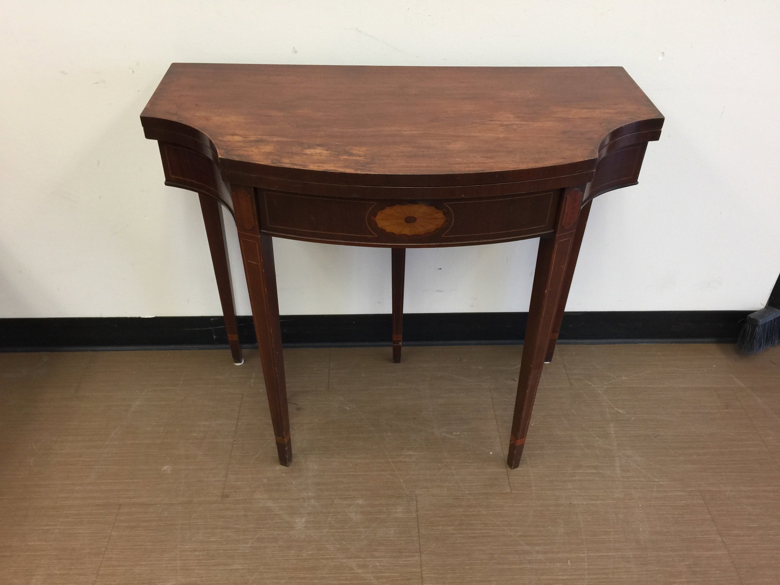 Mahogany Inlay Games Table: banded and starburst inlay, 34"x17"x30" and 34"x when fully expanded.