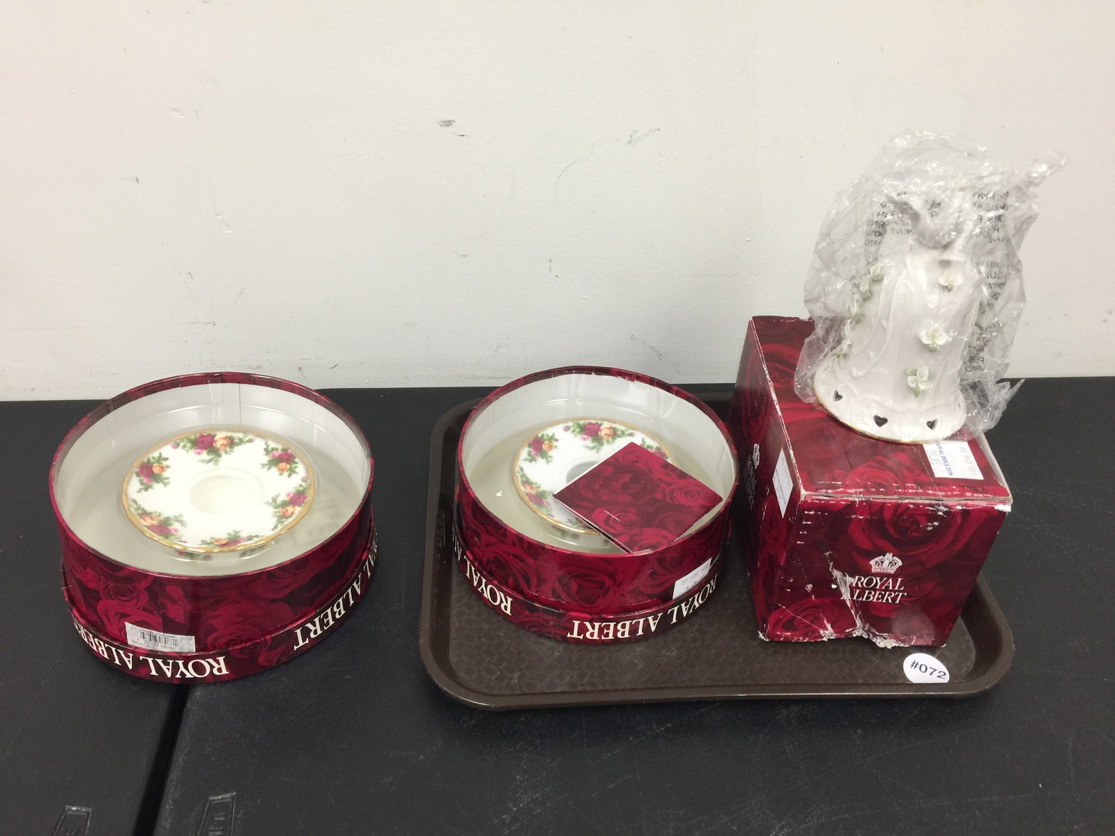 3 Pcs Royal Albert: Includes a music box and a pair of Old Country Rose candle holders.