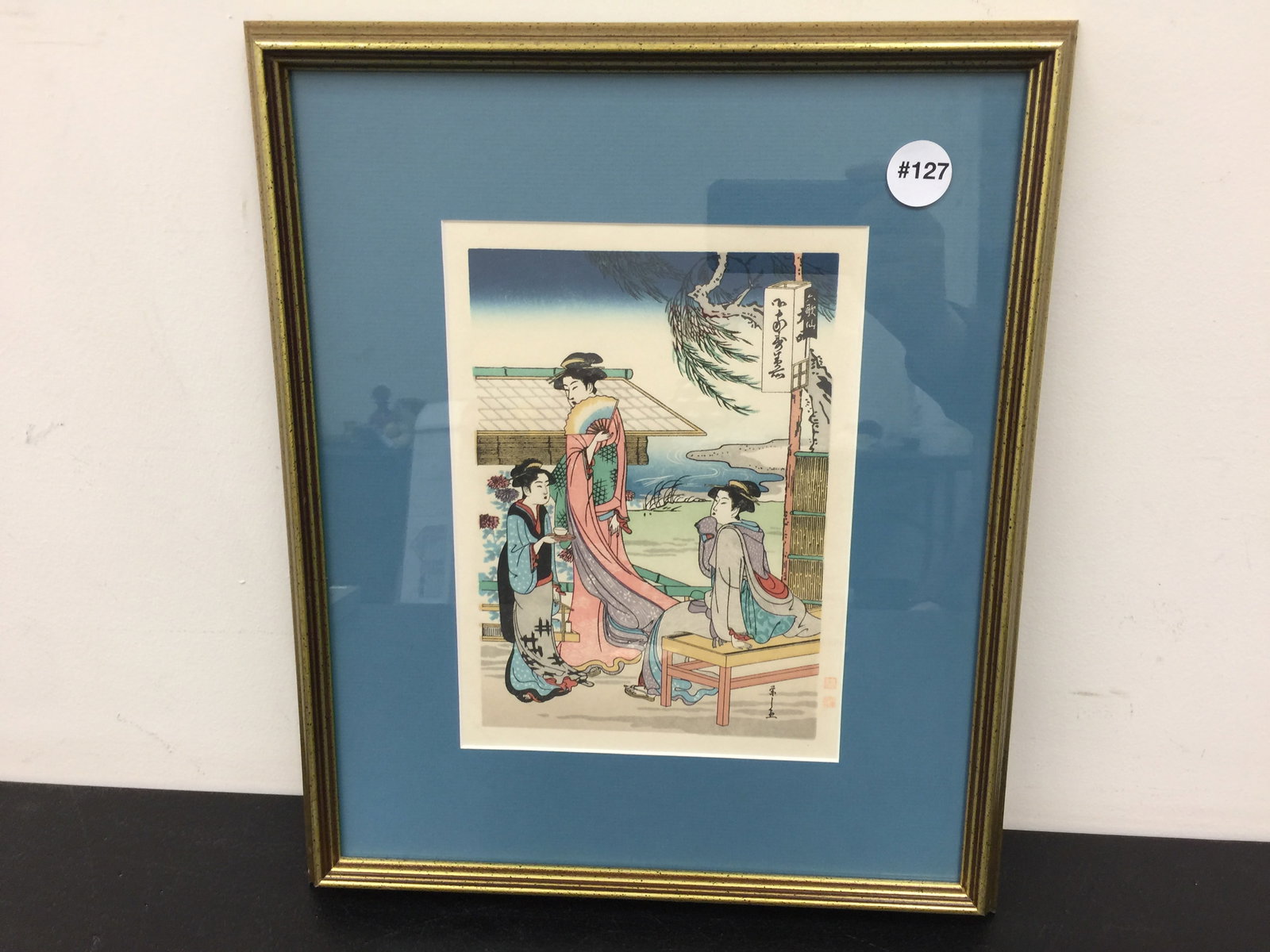 Japanese Wood Block Print: Titled "Beauties in a Tea House" by Hosoda Eisha. Frame 13" x 16".