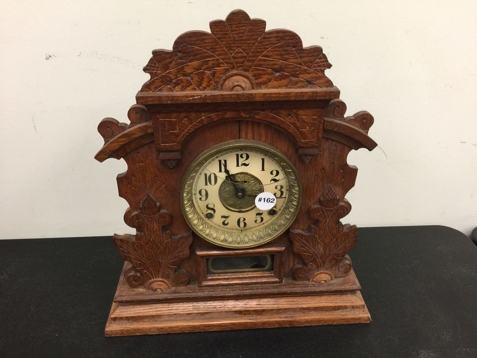 Ingraham Carved Oak Mantel Clock: 18"H.