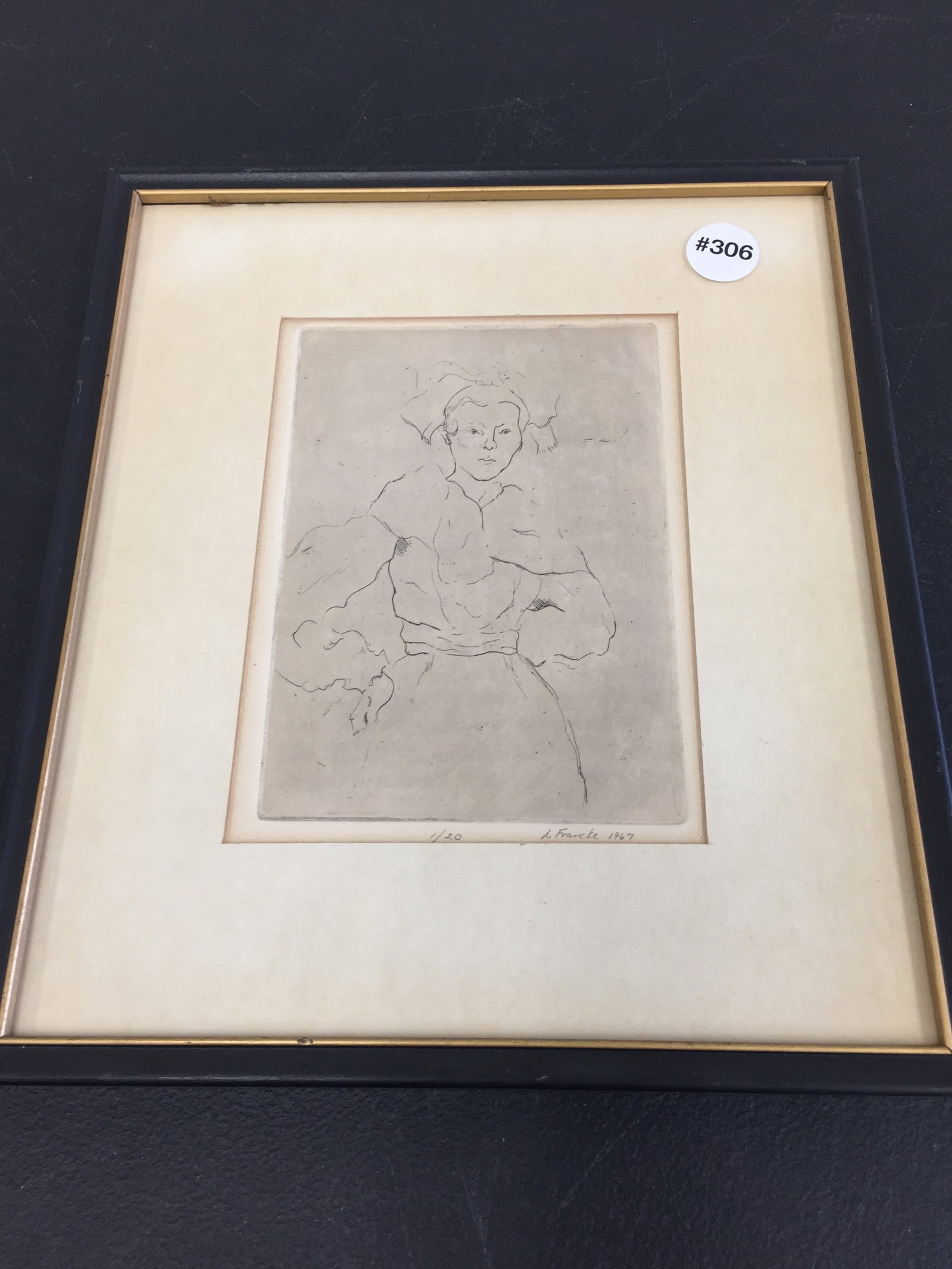 Signed Mid Century Portait: SLR, "L. Francke" dated 1967, numbered 1/20. Frame, 10"x12".
