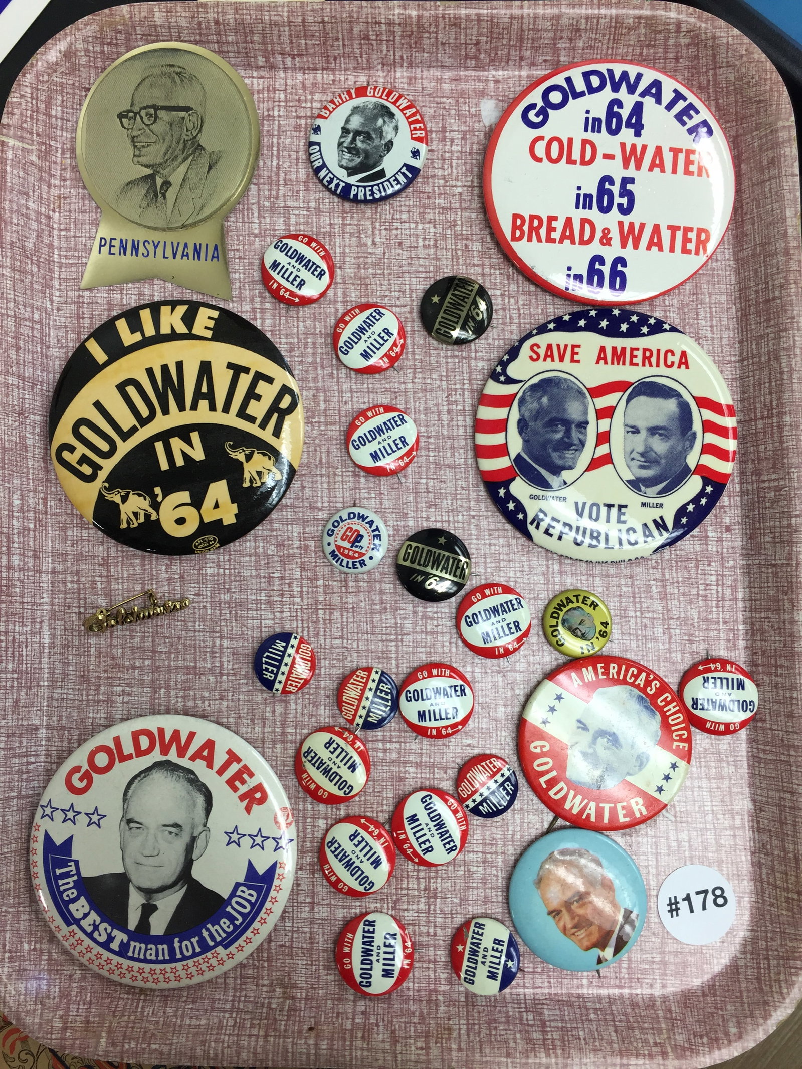 Vintage Barry Goldwater Political Pins: largest is 3" round,