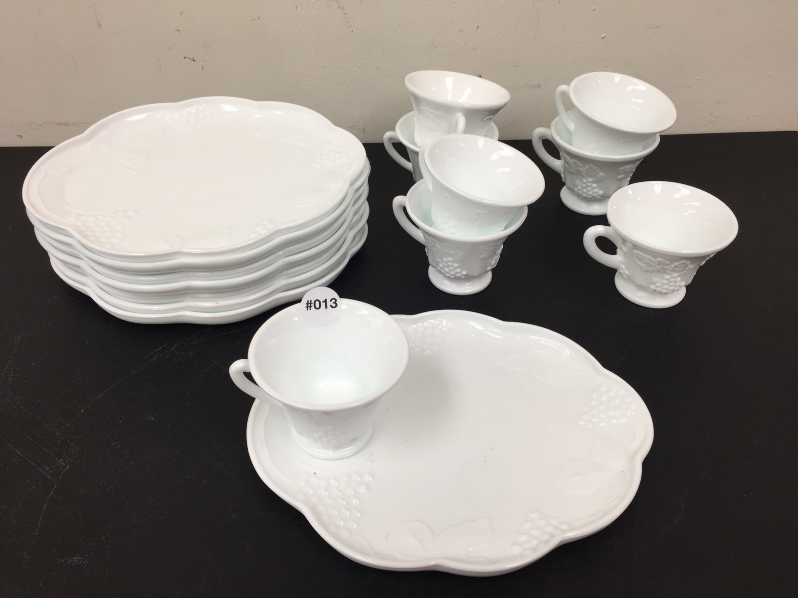8 Indiana Milk Glass Snack Plates & Cups: Plates 10.5"