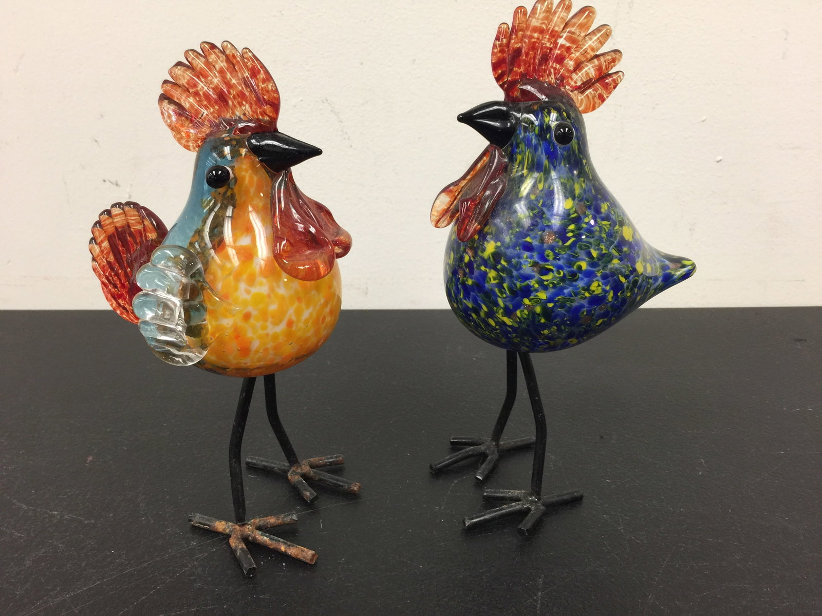 Art Glass Roosters (2): 8"H.