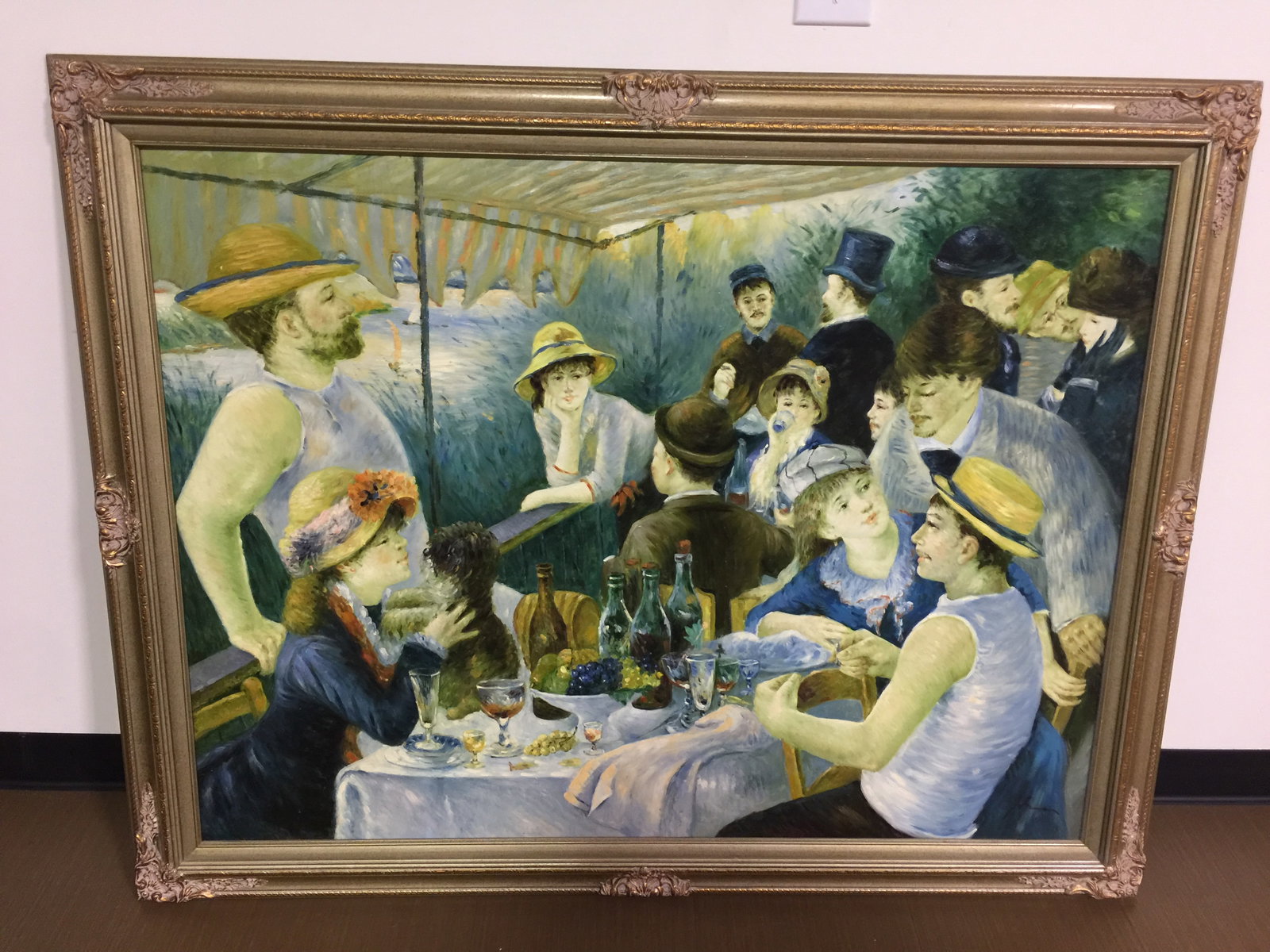 Framed Pierre-August Renoir Impressionist Painting: Reproduction "Luncheon of the Boating Party". Frame 56" x 45".
