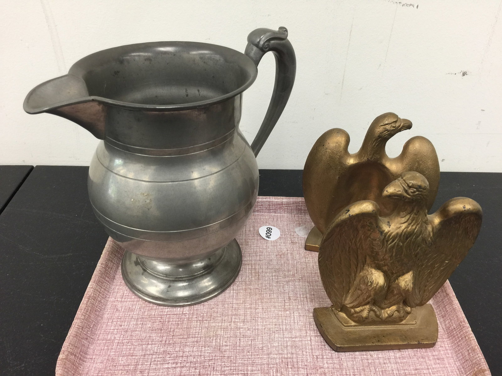 Pewter Pitcher & Iron Bookends: Pitcher 9" H.
