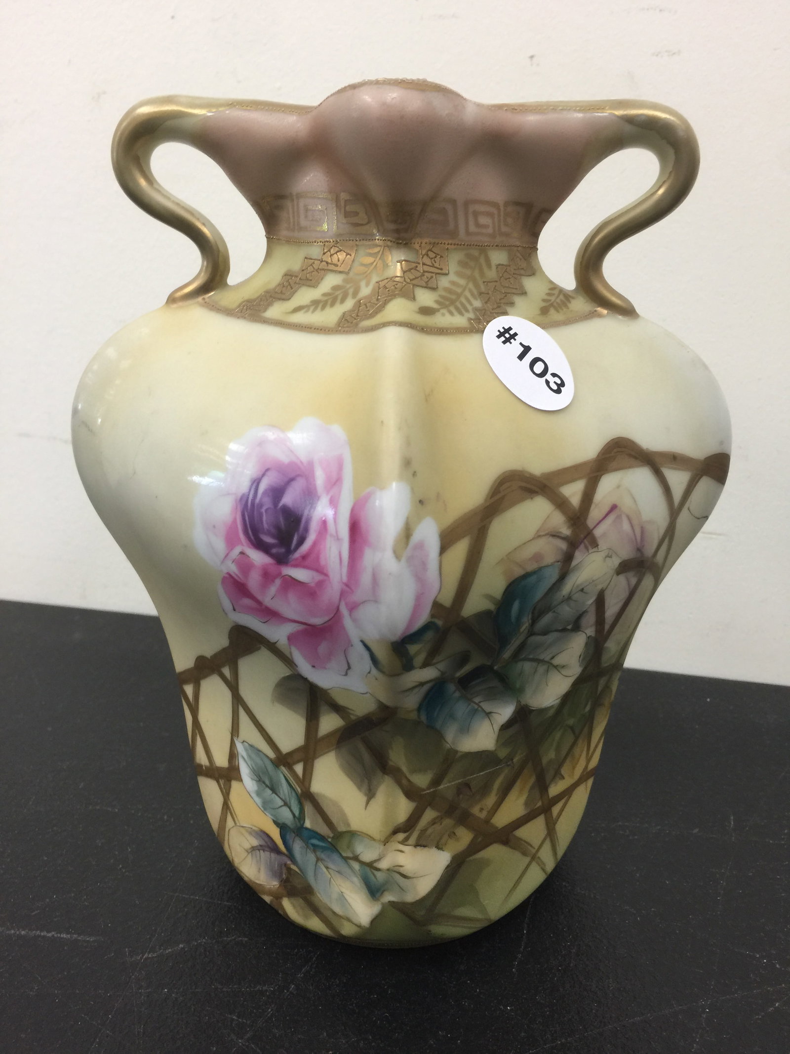 Nippon Vase: Hand painted with roses and more. 9" H.