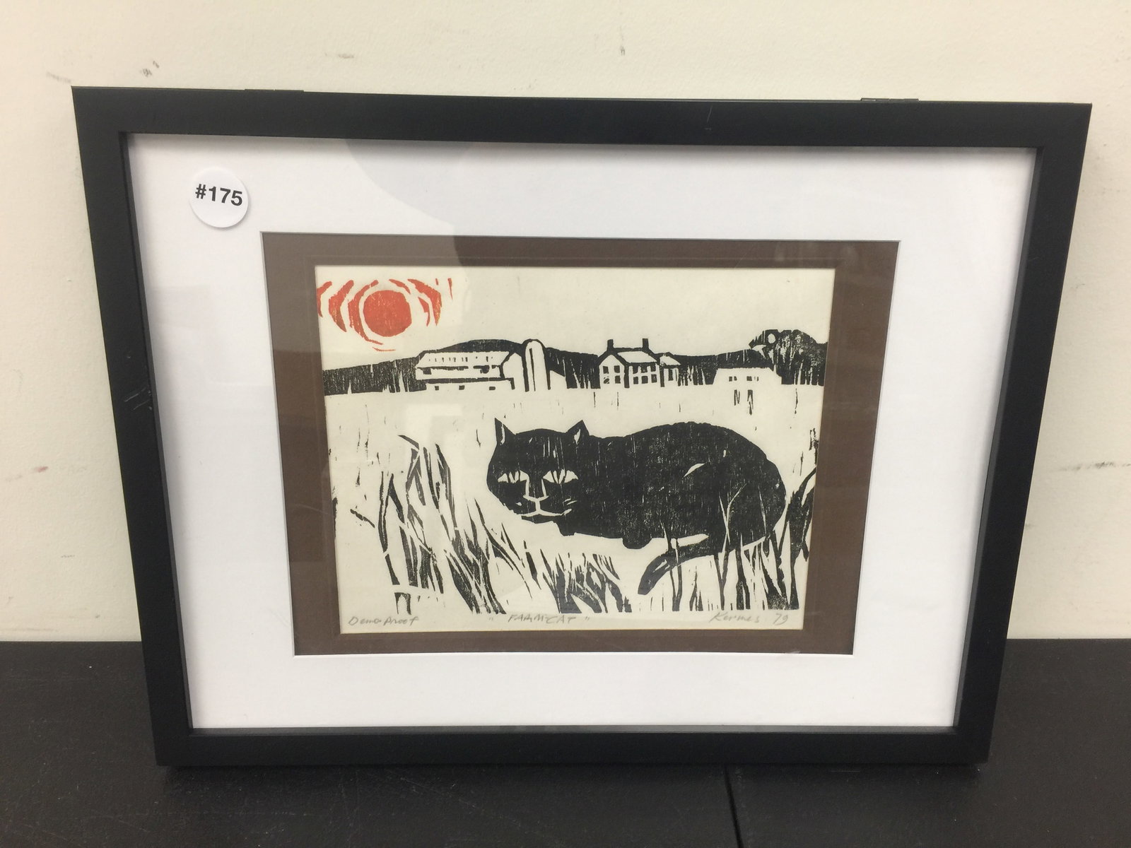 Constantine Kermes Wood Cut Print: SLR. Dated 1979. "Farm Cat". Demo proof. Frame 17" x 14".
