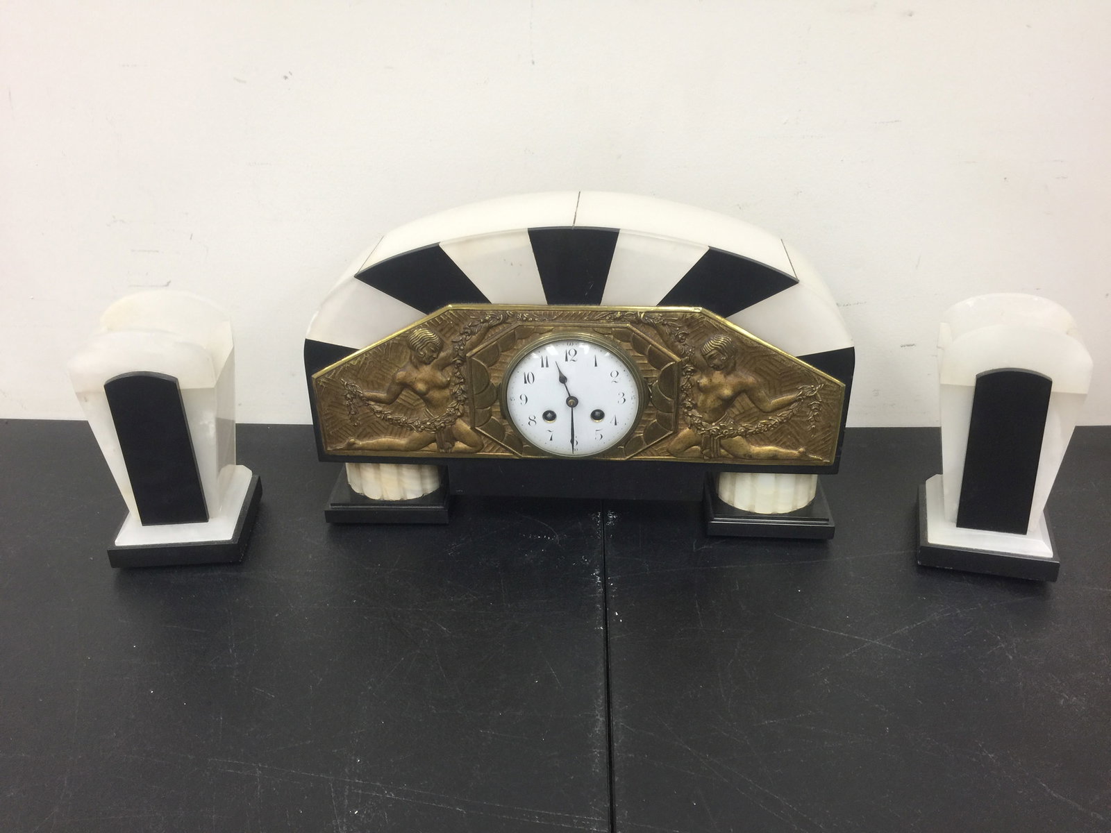 French Art Deco Marble & Bronze Clock Garniture Set (1 of 8)