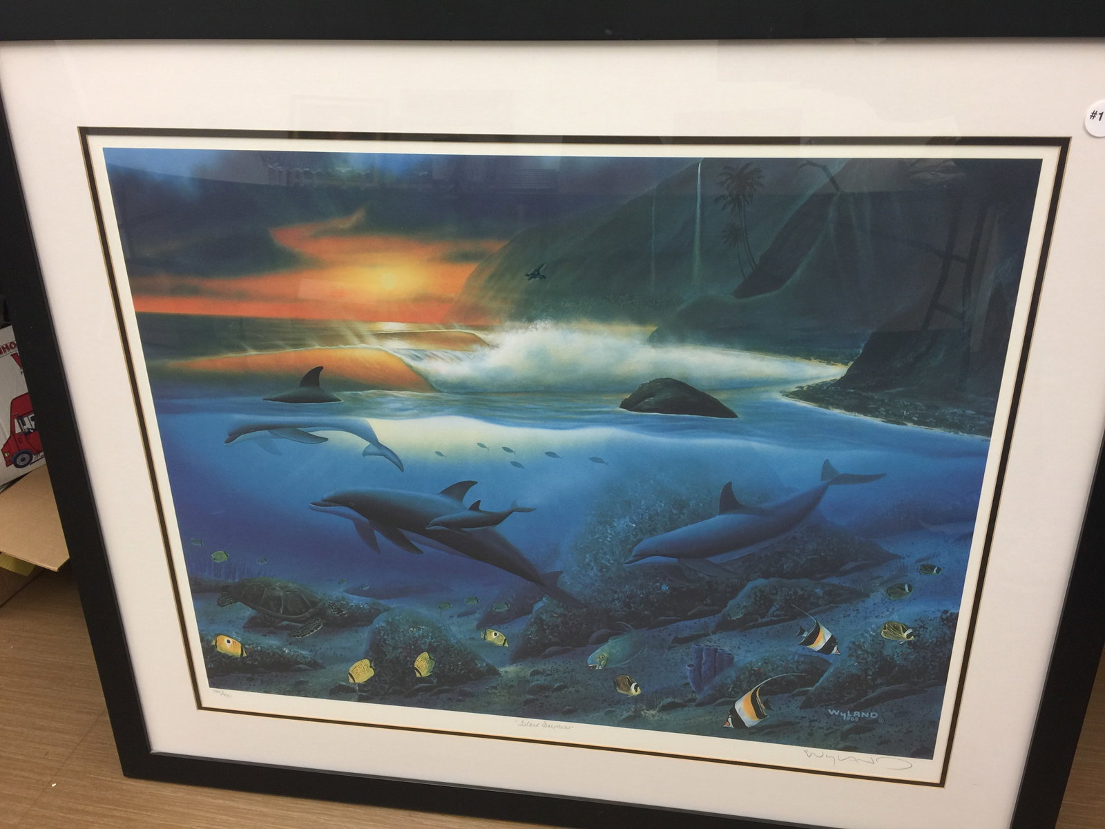 Robert Wyland Signed & Numbered Serigraph: 385/450. "Island Dolphins" Frame 41" x 34".