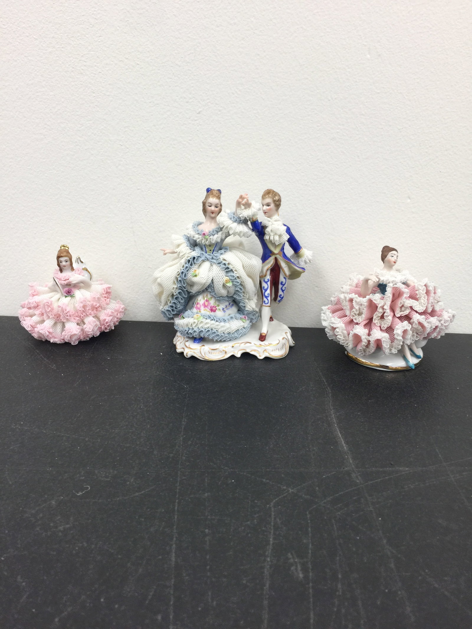 3 Vintage Porcelain Lace Figures: tallest is 4", smallest is 2", 2 marked Dresden