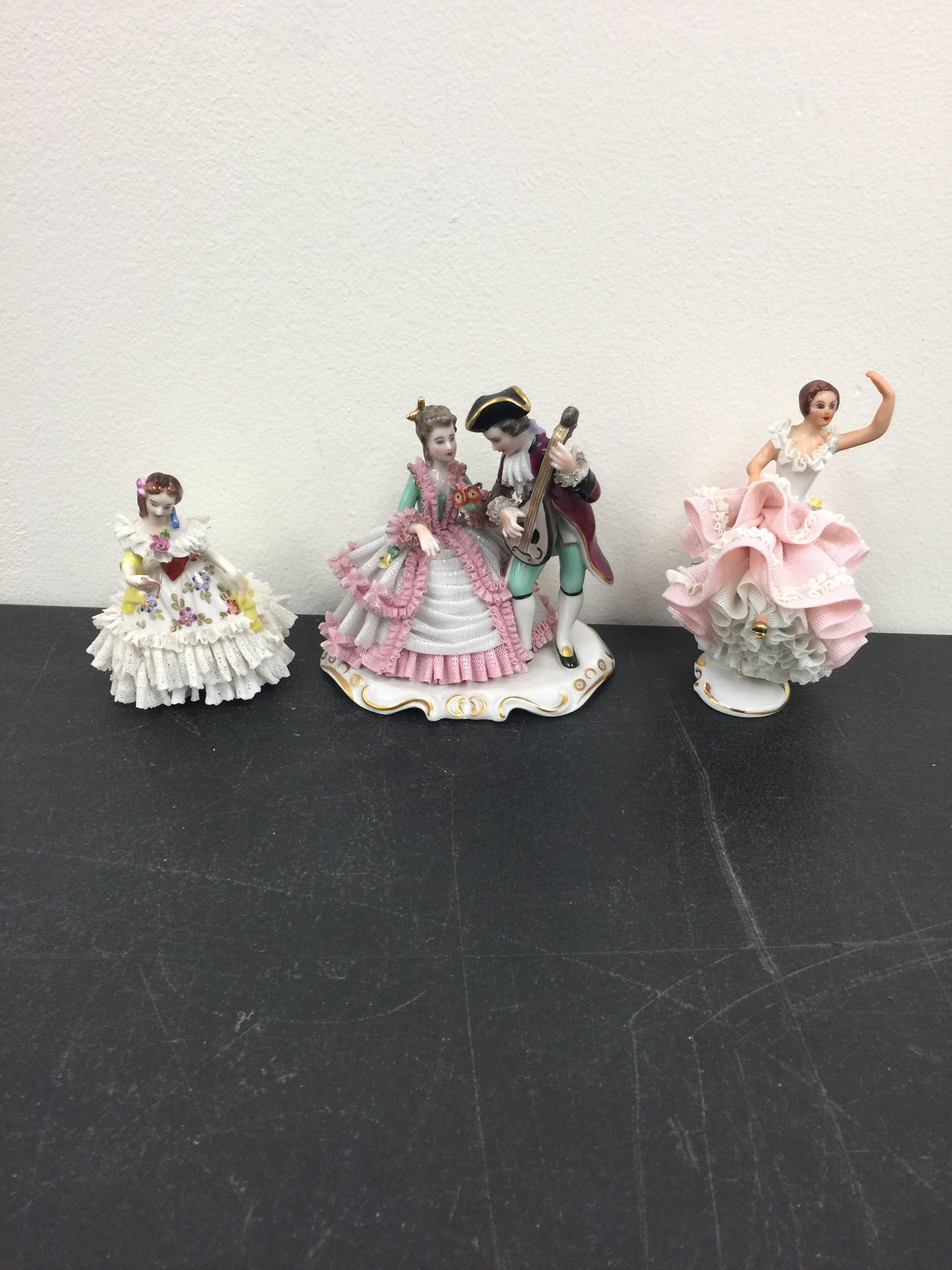 3 Vintage Dresden Porcelain Lace Figures: tallest is 5", smallest is 3", all marked on bottom