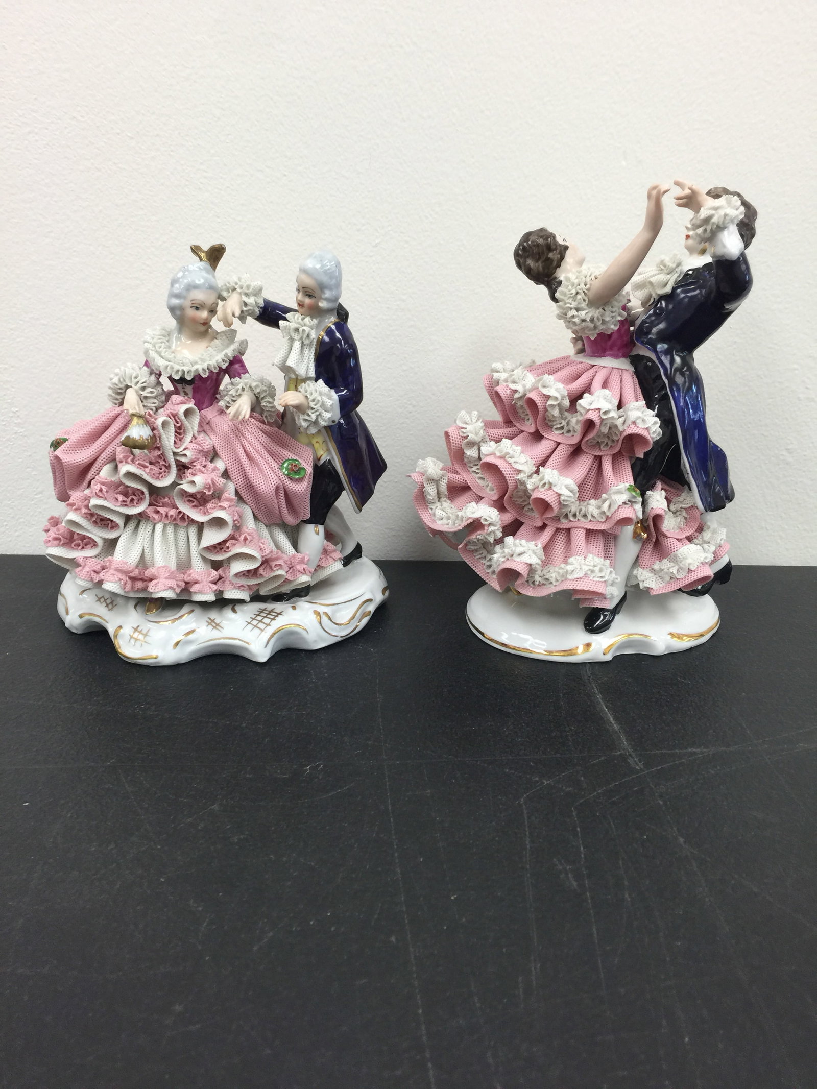 2 Vintage Dresden Porcelain Lace Figures: tallest is 7", both marked on bottom