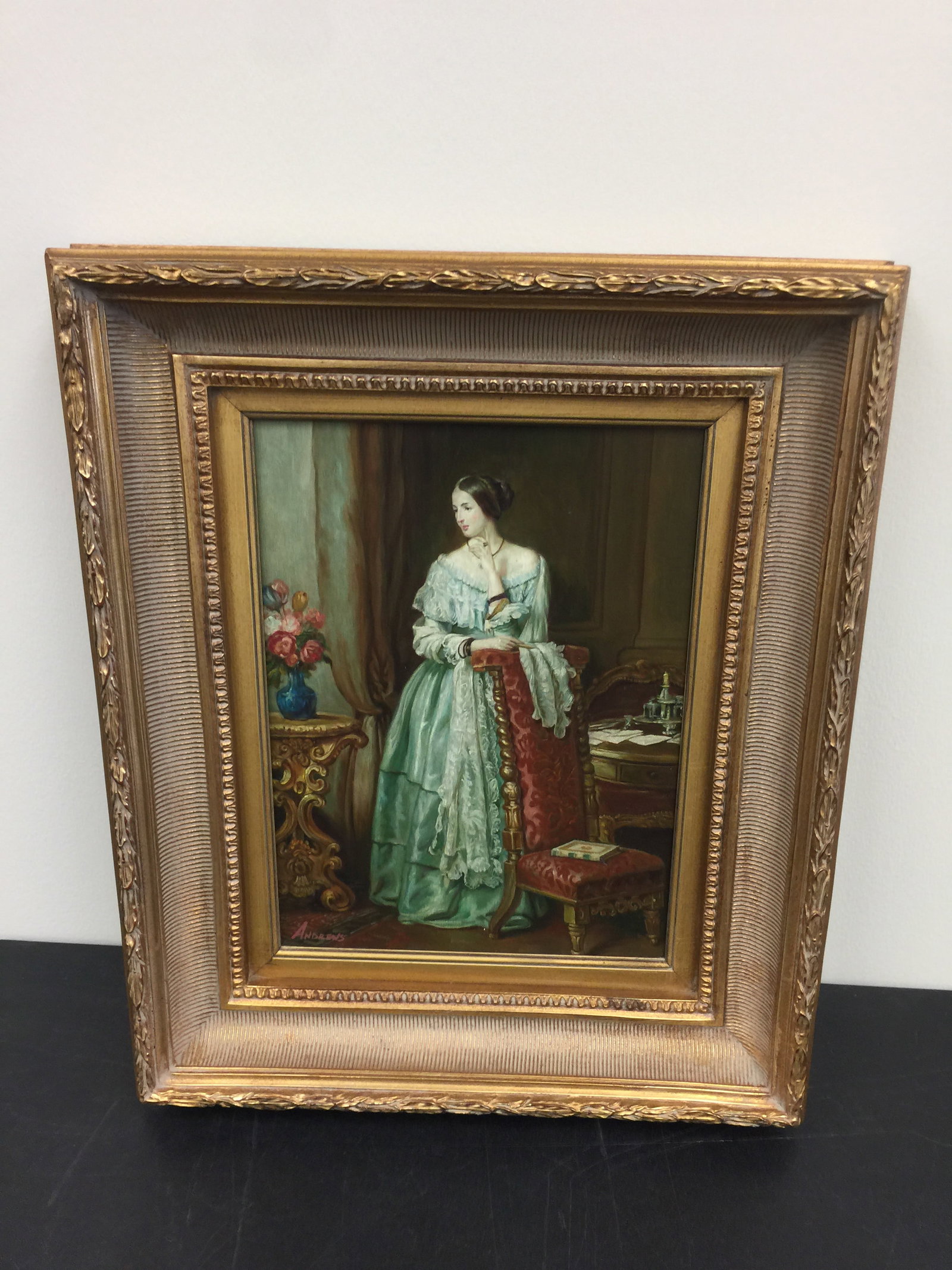 Signed Oil Painting: SLL, heavy gilt wood frame is 20" x 24", exposed is 12" x 16"