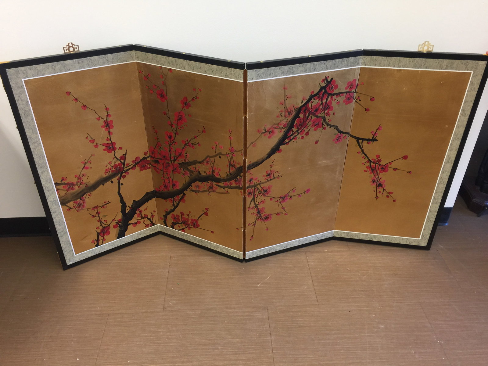 Hand Painted Asian Four Panel Screen: each panel 17"x35", hand painted with red blossoms on a tree.