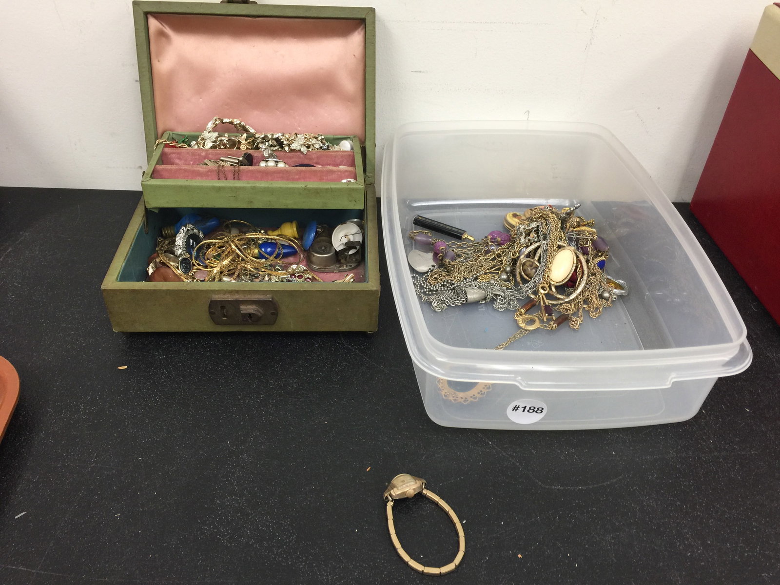 Costume Jewelry Lot: 10K gold filled benrus wrist watch, cufflinks, broaches and more.