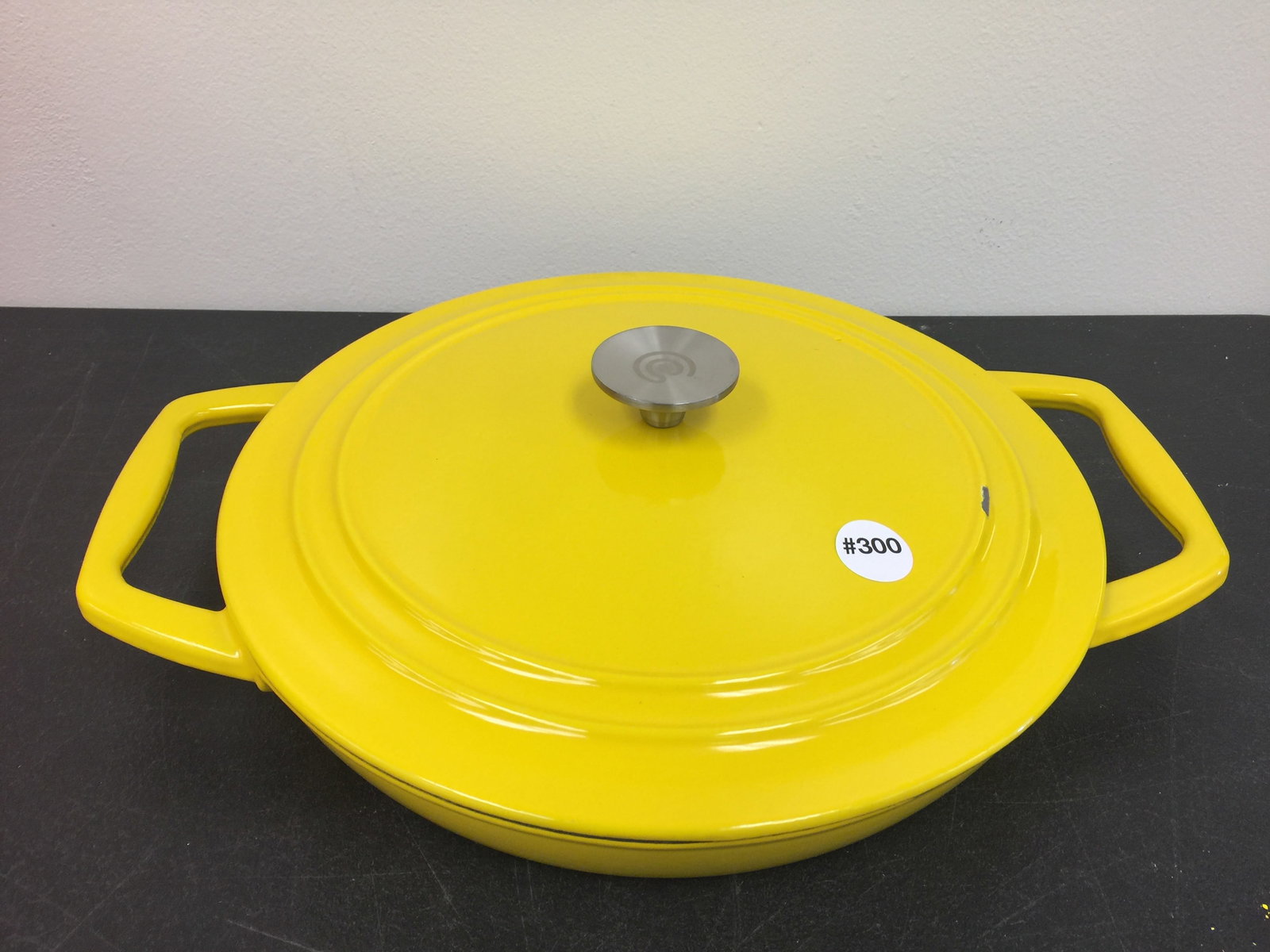 Yellow Enamel Cast Iron Lidded Frying Pan: 15.5"