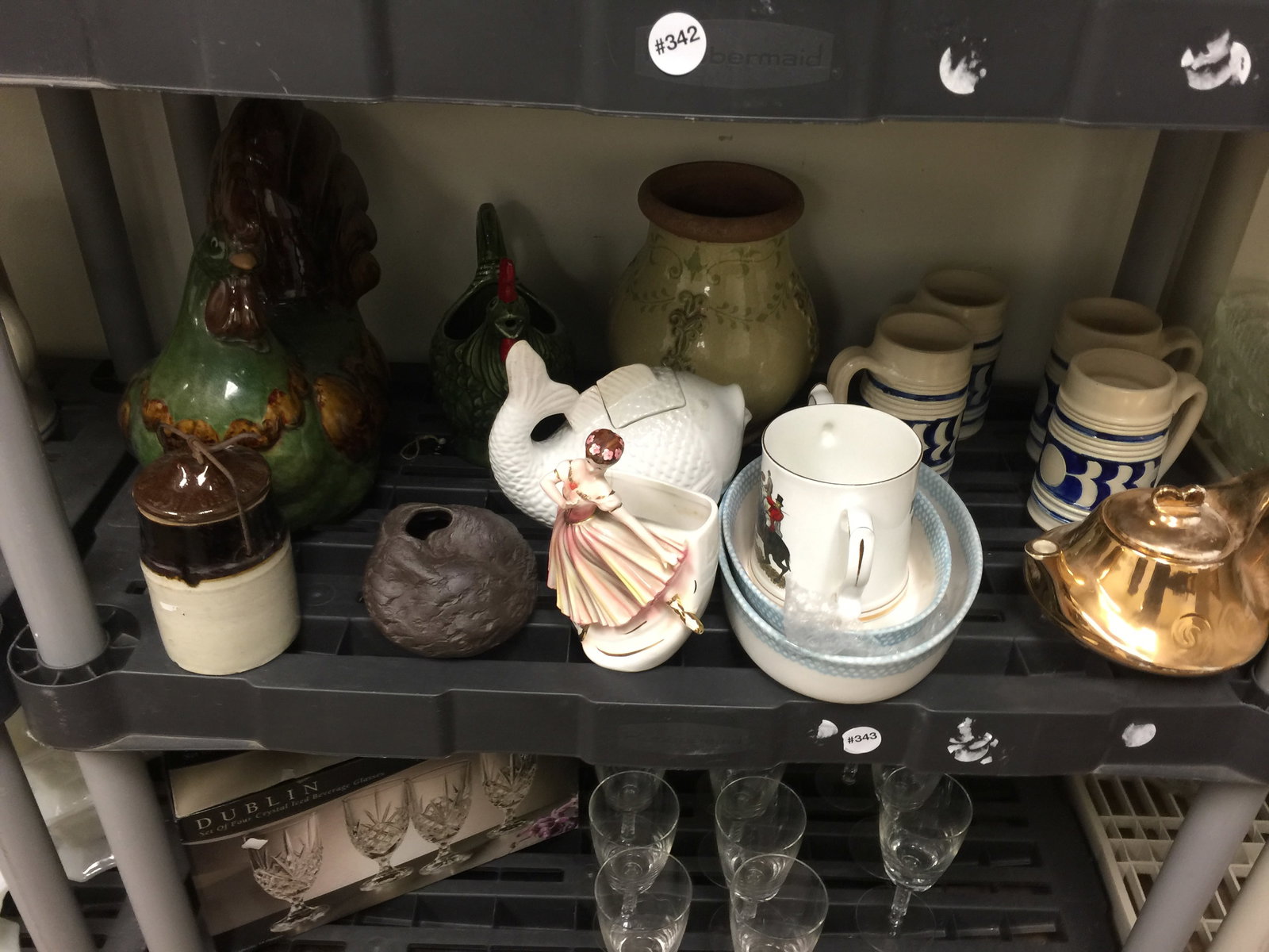 Vintage Pottery Lot: Stoneware mugs, pottery roosters, NApco figurine and more.