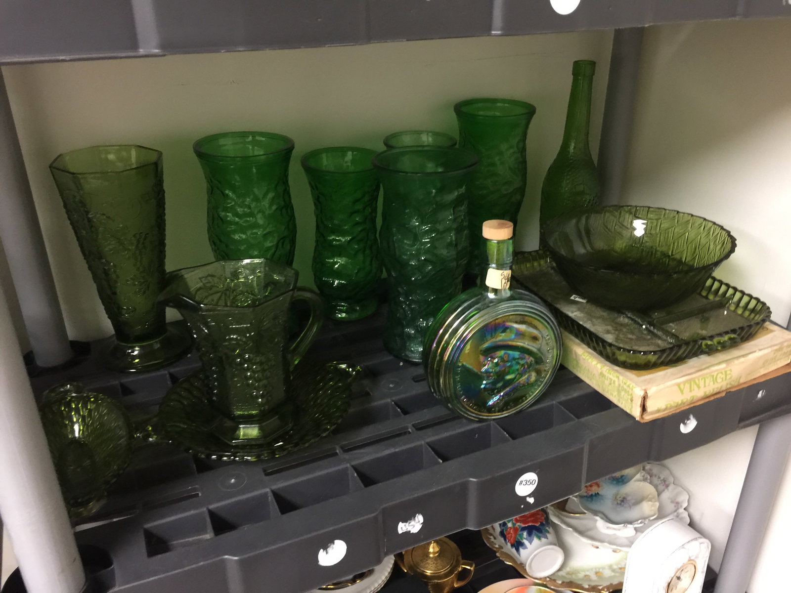 Vintage Green Glass Lot: 2 vintage relish dishes, vases and more