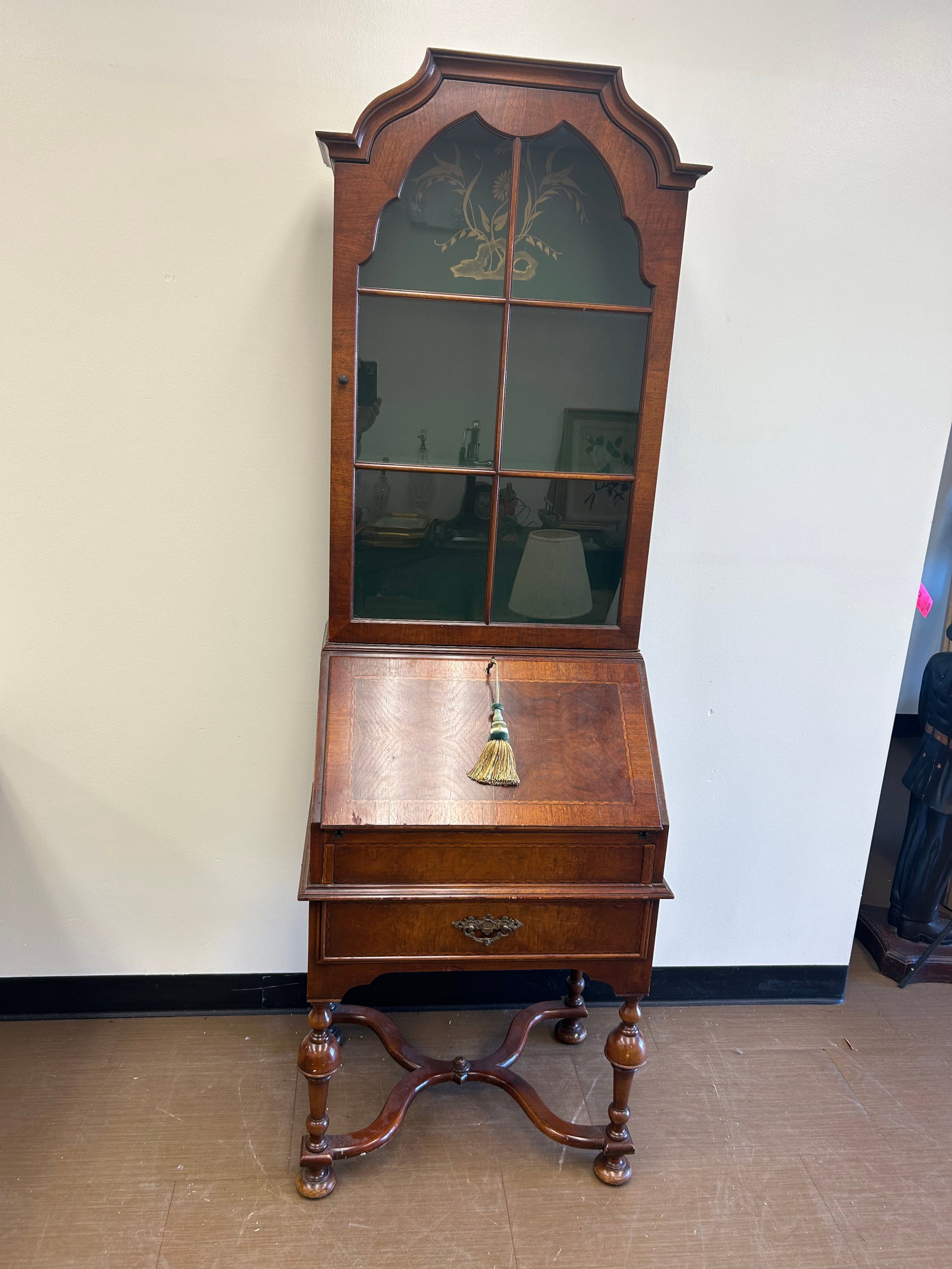 MahoganyDesk with Inlay: 1 piece, lid has band inlay, 26" x 18" x 77"