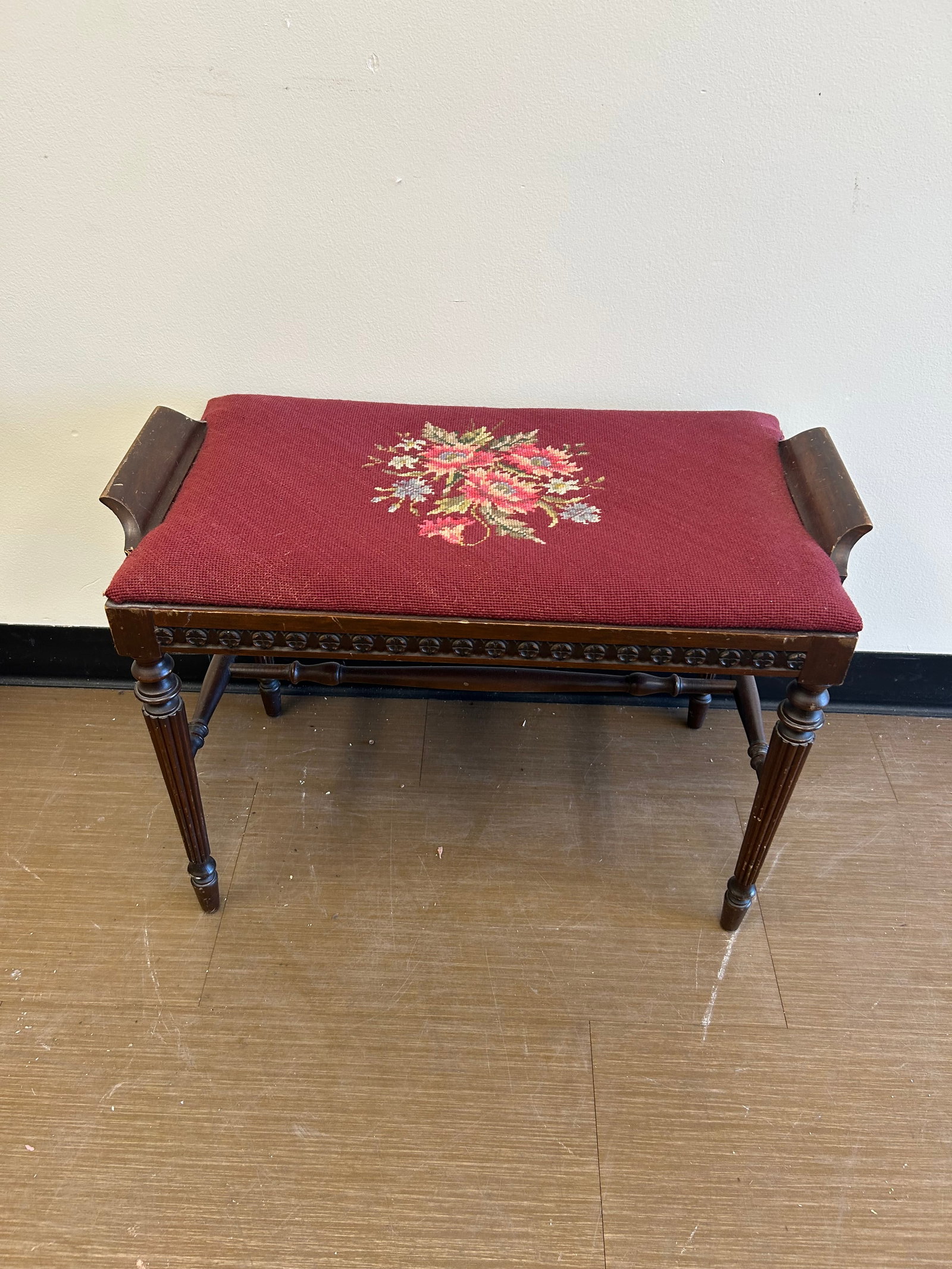 Mahogany Bench with Needlepoint Seat: 26" x 14" x 18"