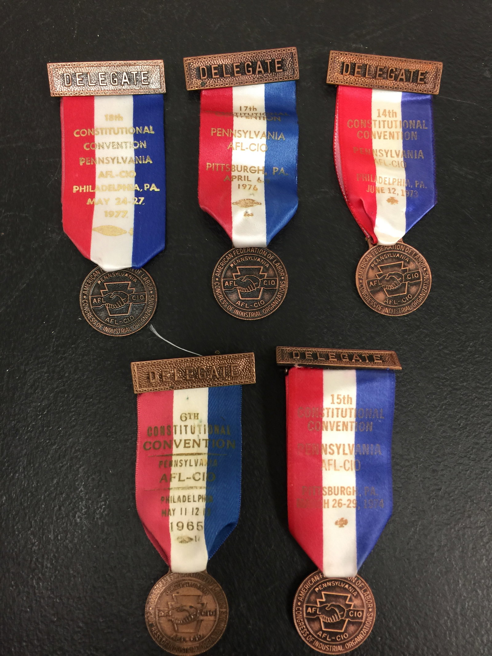 5 Vintage AFL-CIO Pennsylvania Delegate Badges: 4.75" L. DAted 1965, 1973, 1974, 1975,1977.
