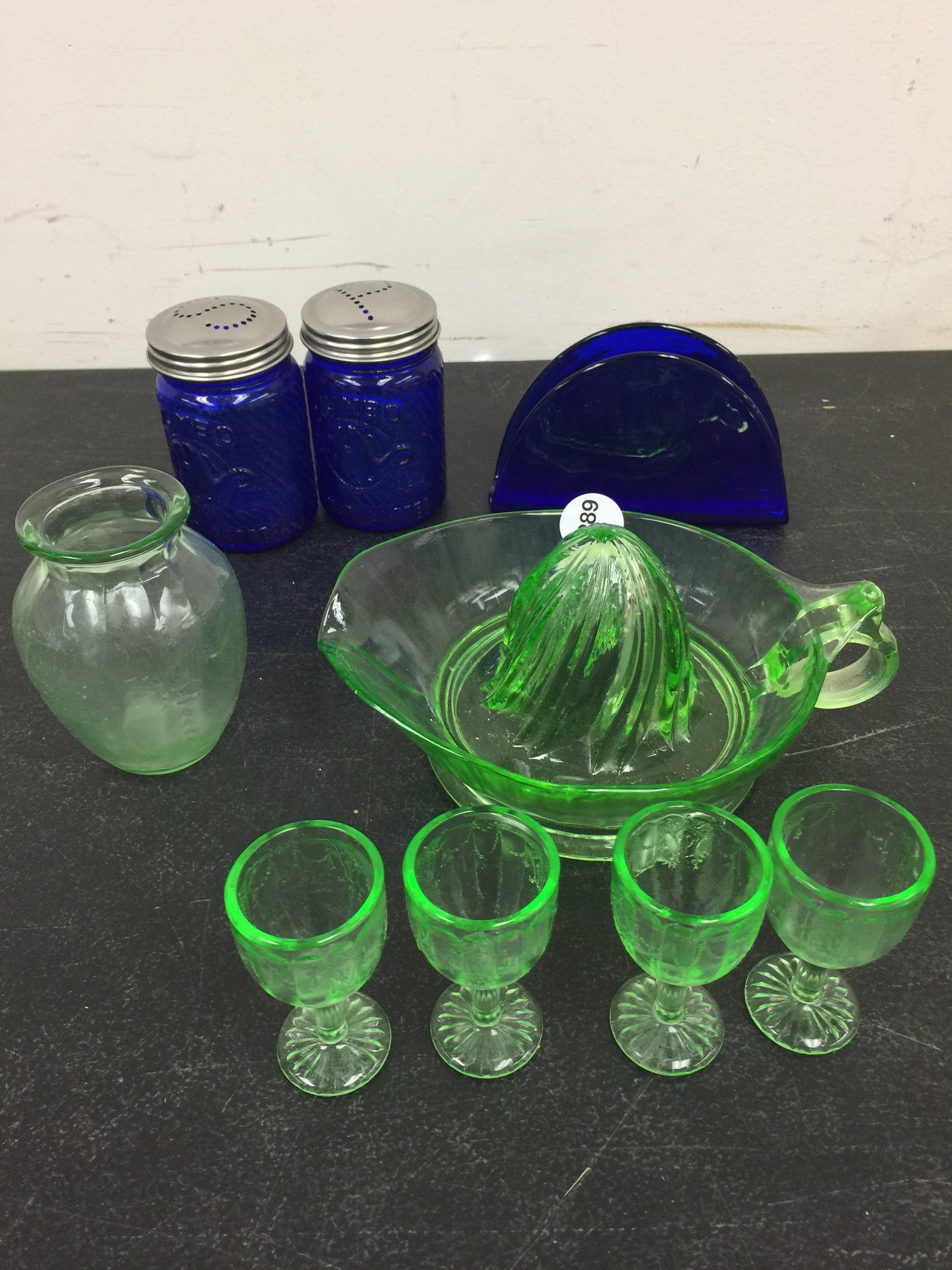 Uranium & Cobalt Glass: Juicer 8" round. Includes 4 uranium cordials, cobalt S&P and more.
