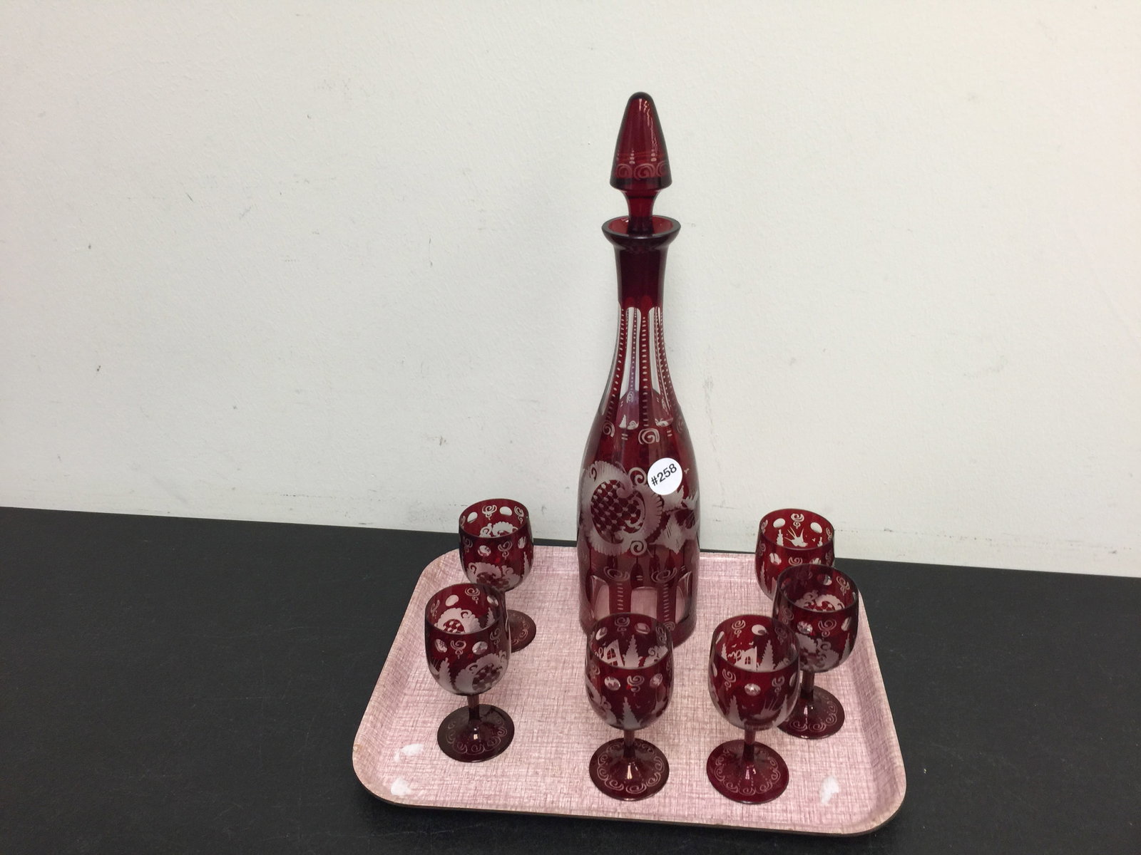 Bohemian Cut to Clear Decanter Set: Stag decoration. 16" H.