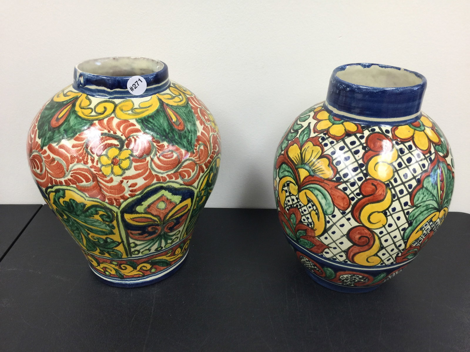 2 Spanish Talvera Pottery Urns: Both signed on base, hand painted. LArgest 14" H.