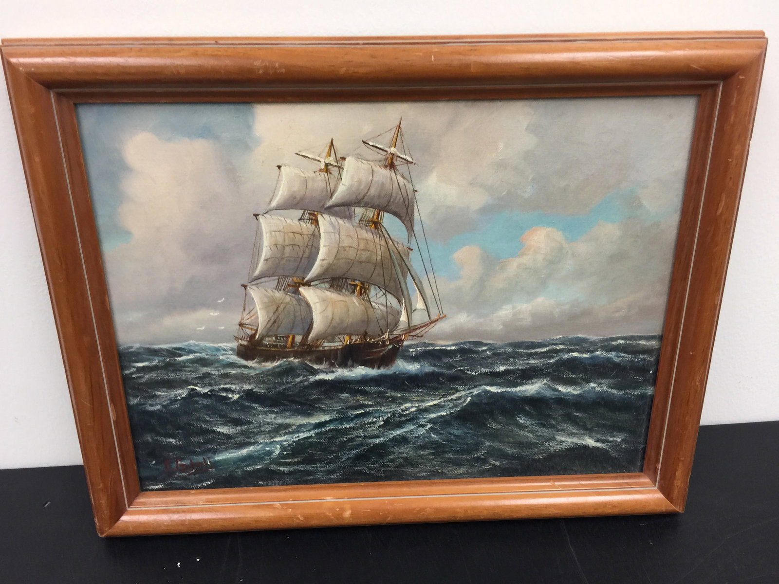 Signed Oil on Board Masted Ship: SLL, A. Gabali. Frame 17" x 14".
