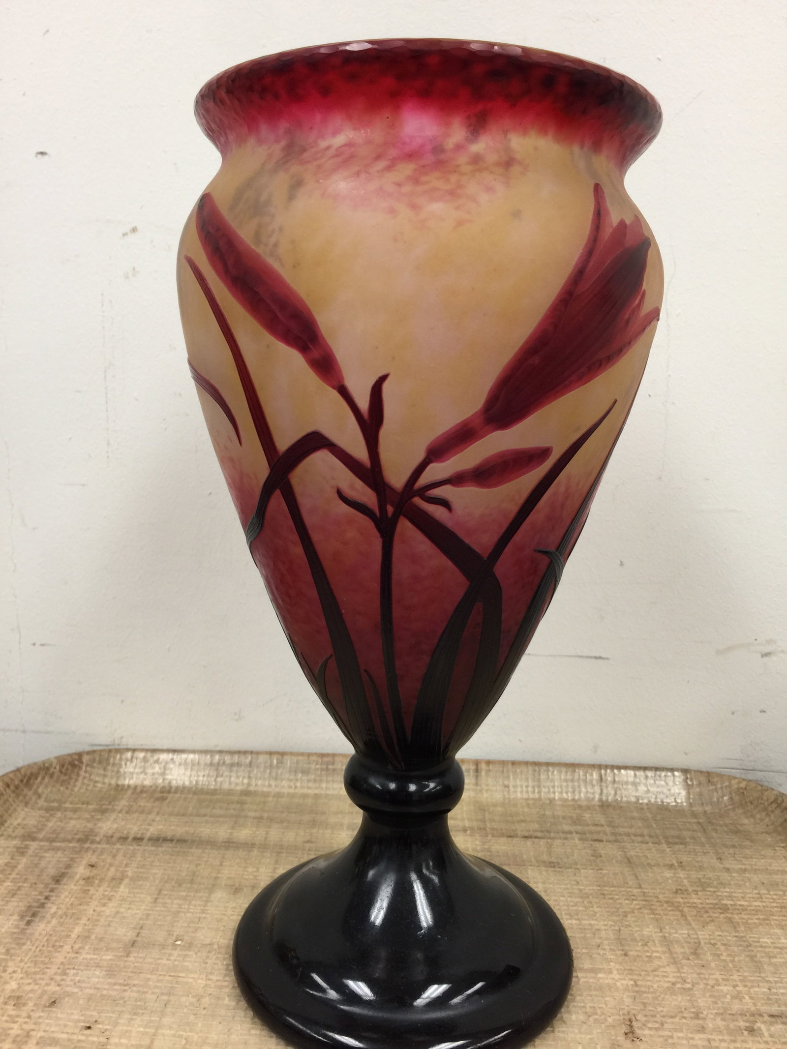 Daum Nancy France Cameo Vase: floral and vine design, etched on base. 12.25"H.