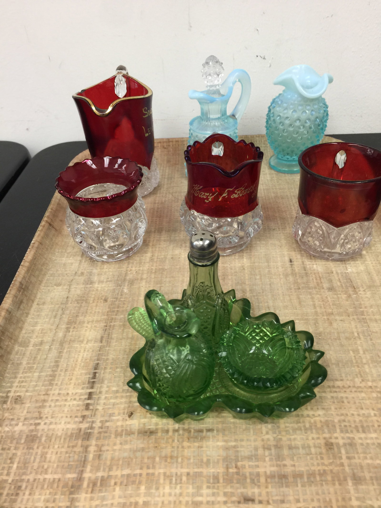 Colored Glass Lot: Ruby souvenir glass, blue opalescent cruet & vase and more.