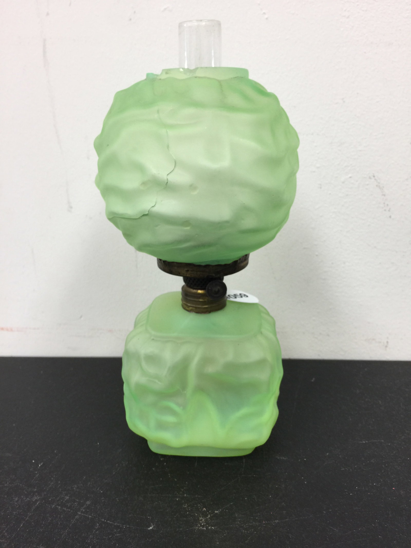 Vintage Green Satin Glass Miniature Lamp: 9" x 4".