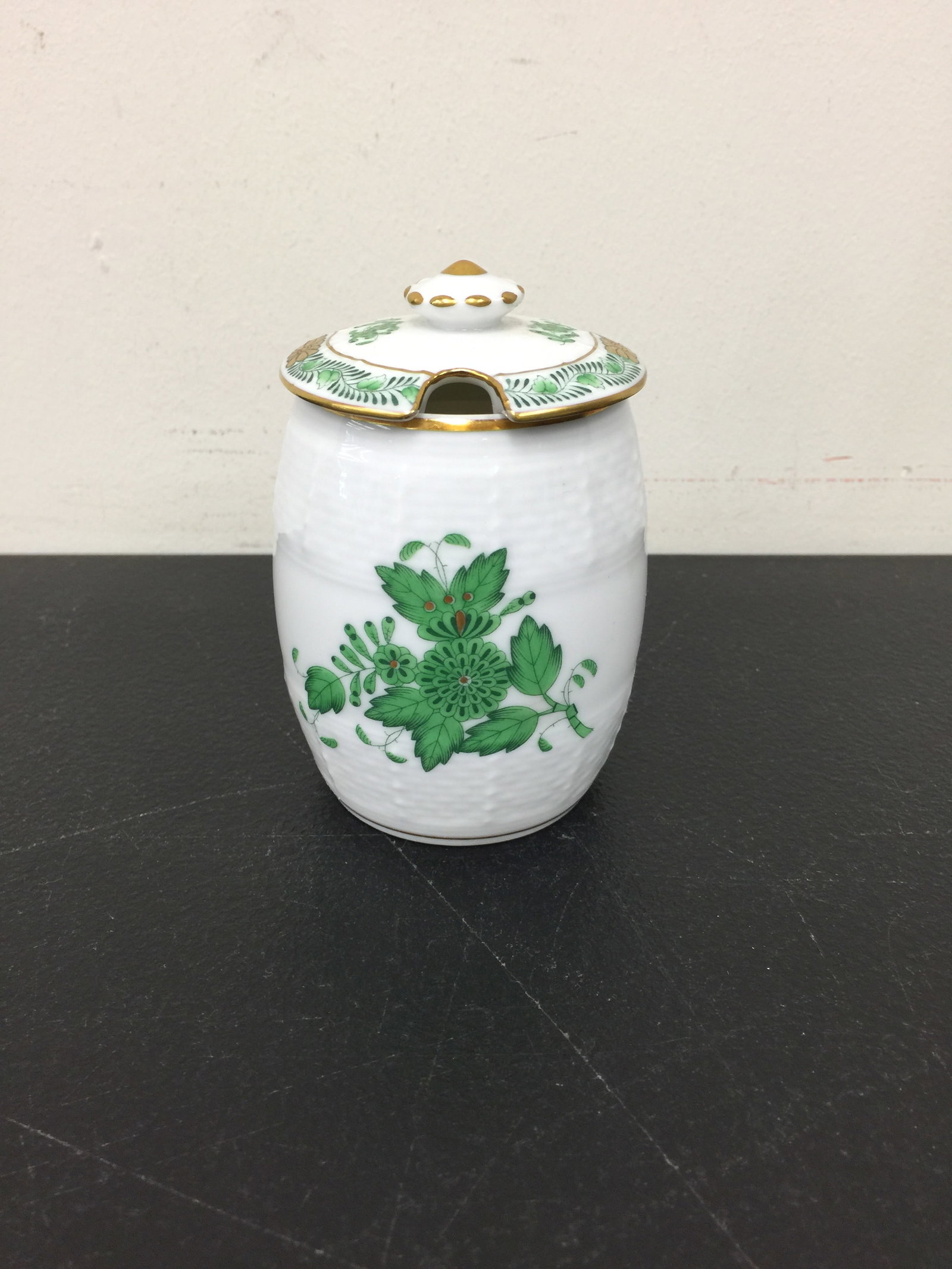 Herend Mustard Pot: 4" x 3". Chinese bouquet pattern.