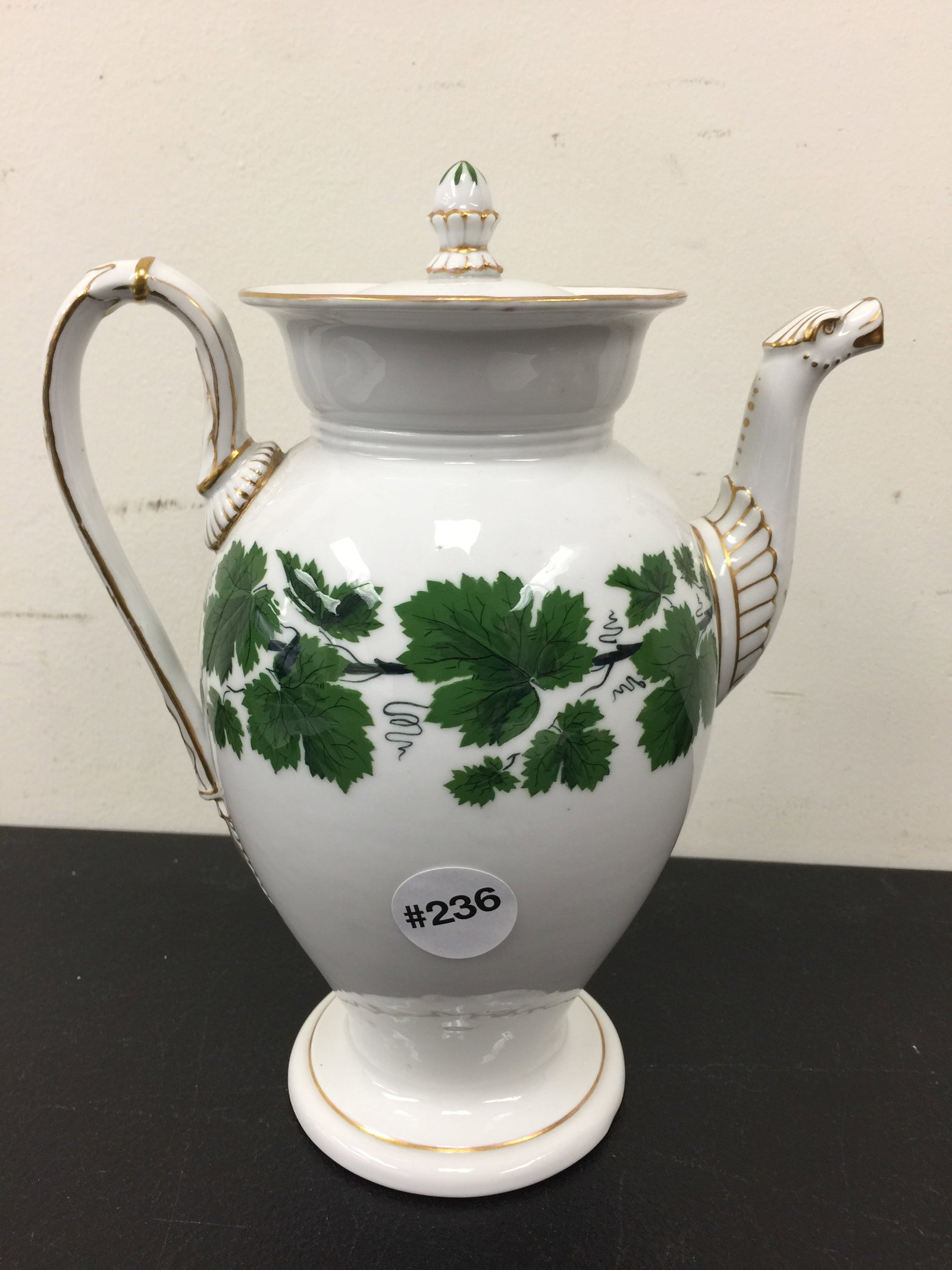 Meissen Green Ivy Chocolate Pot: Dragon mouth spout. Marked on base, 9" H.