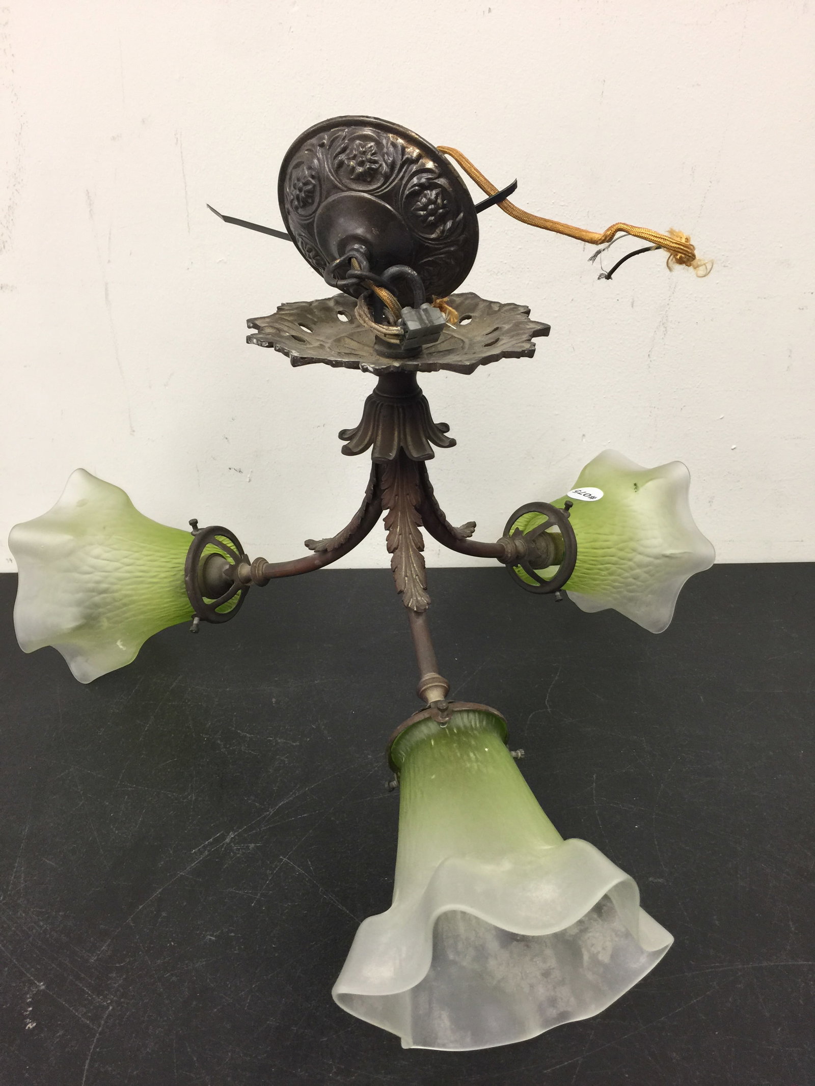3 Arm Antique Hanging Light: Matching art glass shades. 18" x 11".