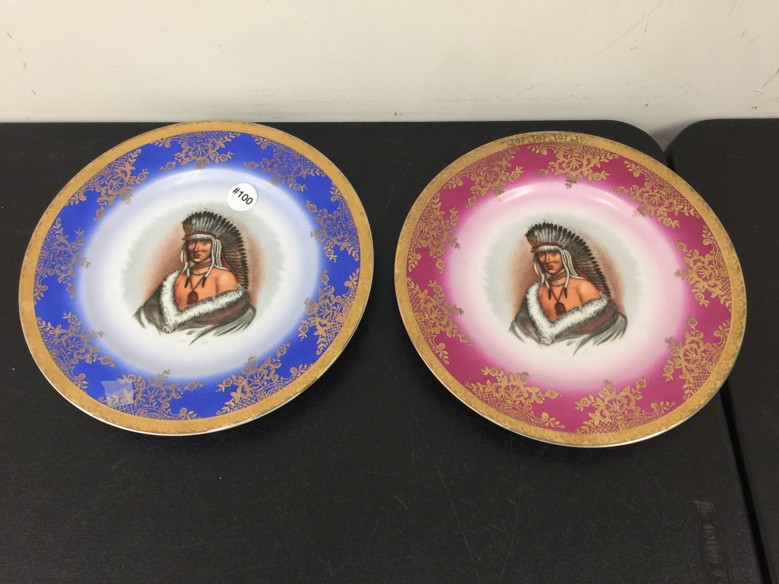 Pair of Native American German Portrait Plates: Hand painted, both 10.5" W.