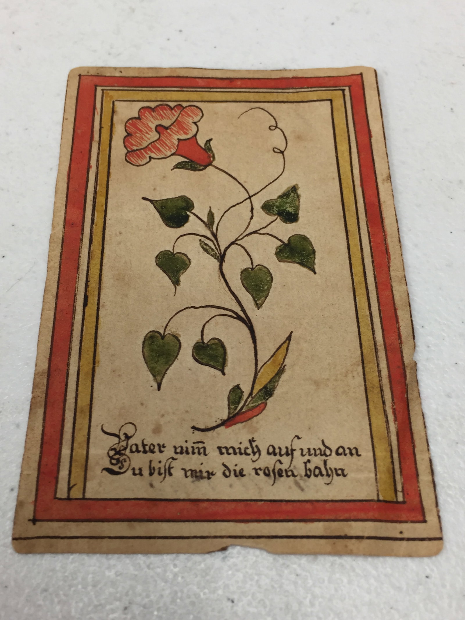 Antique PA German Fraktur Drawing: Pen, ink and watercolor on paper. On back dated September 11, 1790. 2.5" x 4".