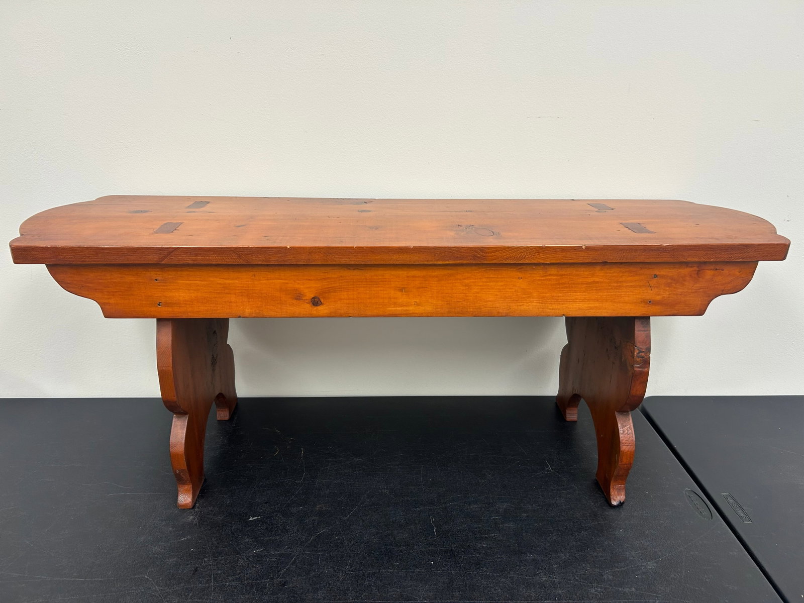 Antique Mortised Bench: has mortised through top, shaped sides with fancy cutouts, shaped top, 48" x 14" x 18"