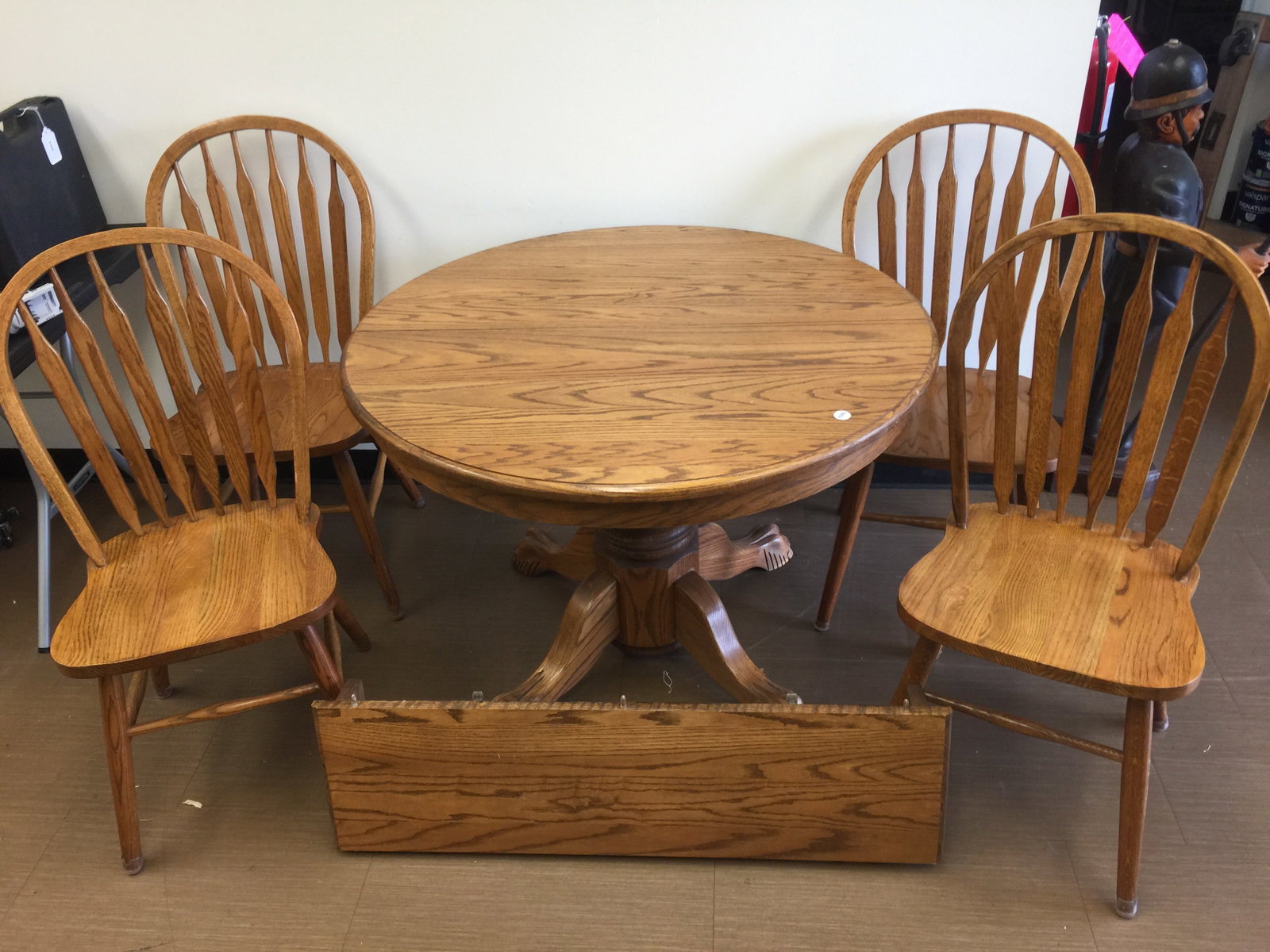Carved Oak Table and Chair: carved base, four chairs, one board, 42"x30".