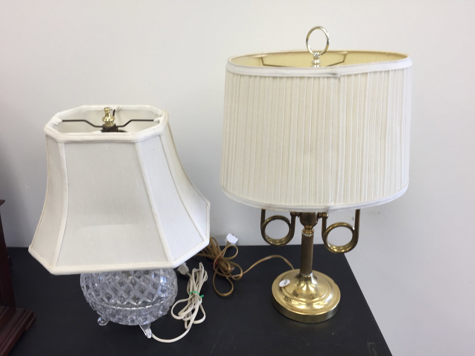 Lamps (2): crystal lamp and brass bouillotte lamp. largest 24".